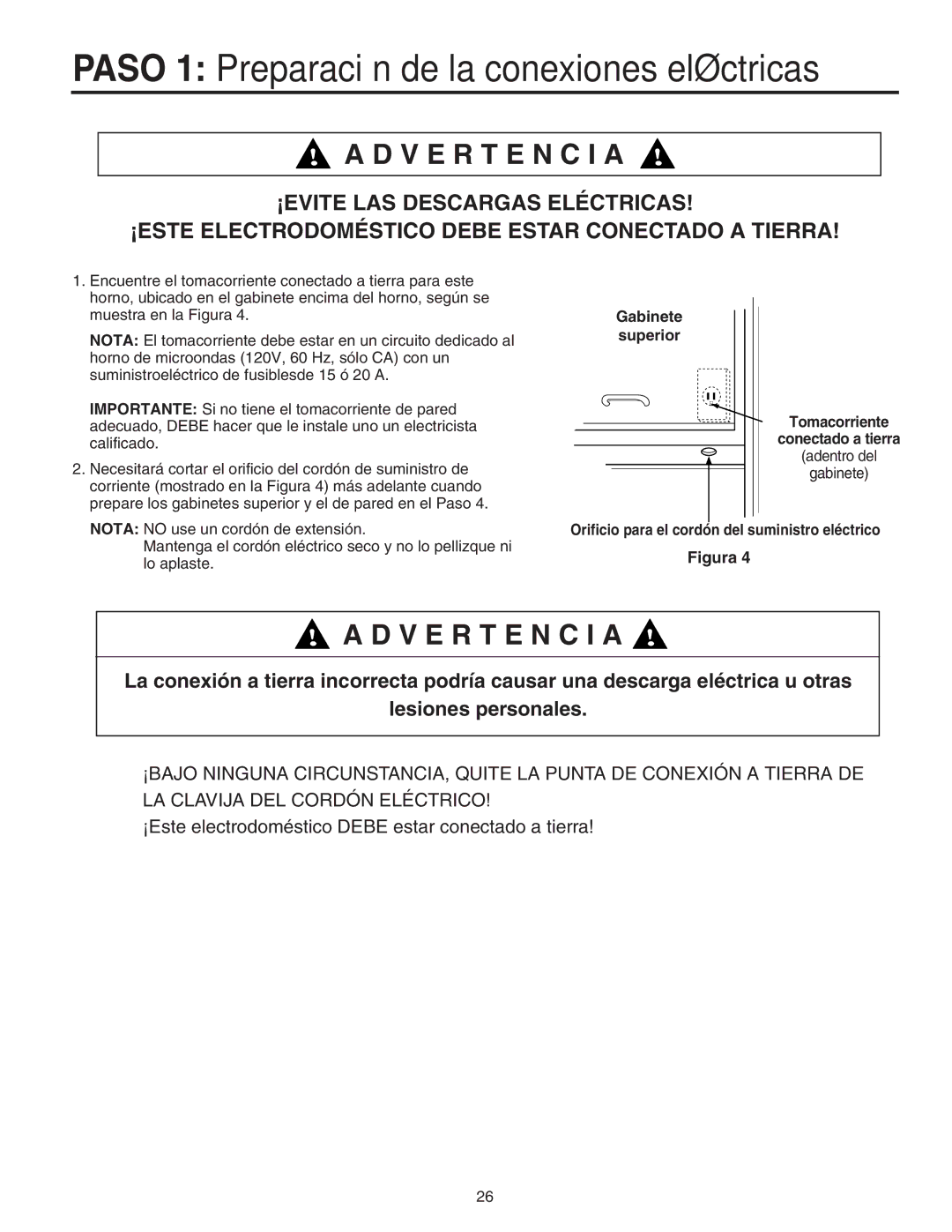 Maytag 8101P641-60 installation instructions Paso 1 Preparación de la conexiones eléctricas, V E R T E N C I a, Superior 