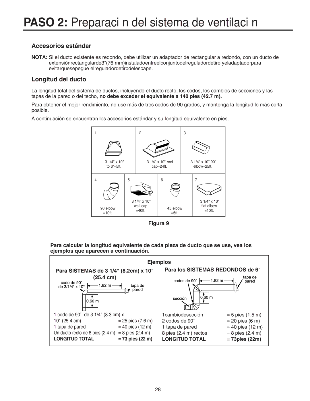 Maytag 8101P641-60 installation instructions Accesorios estándar, Longitud del ducto, = 73pies 22m 