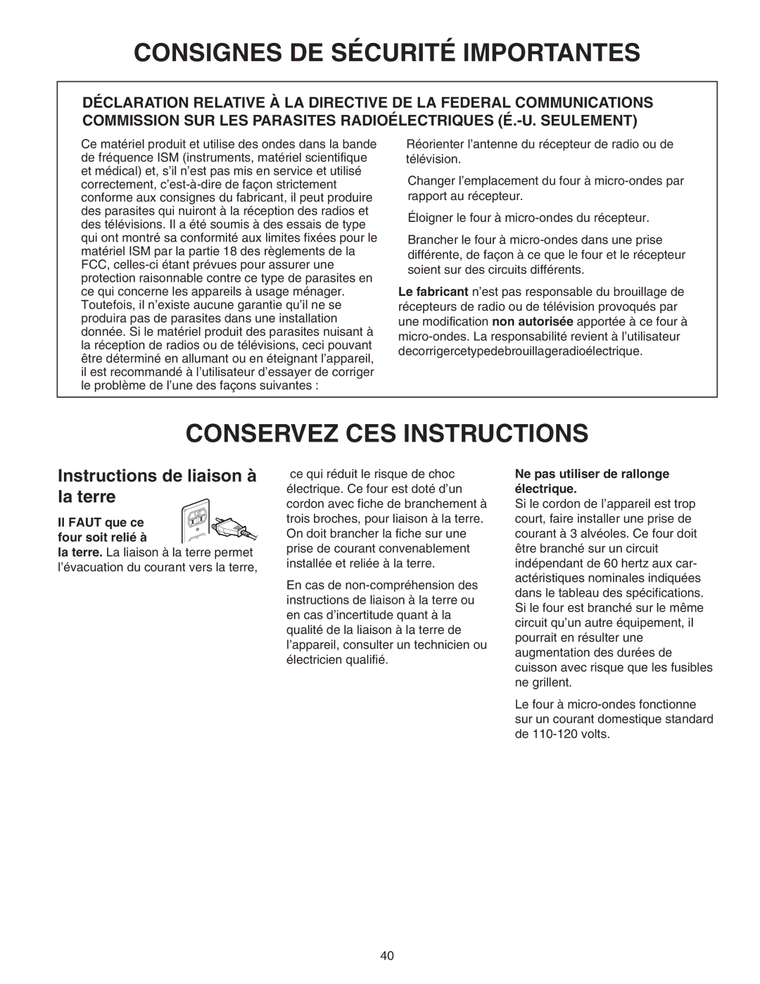 Maytag 8101P641-60 installation instructions Instructions de liaison à la terre, Ne pas utiliser de rallonge électrique 