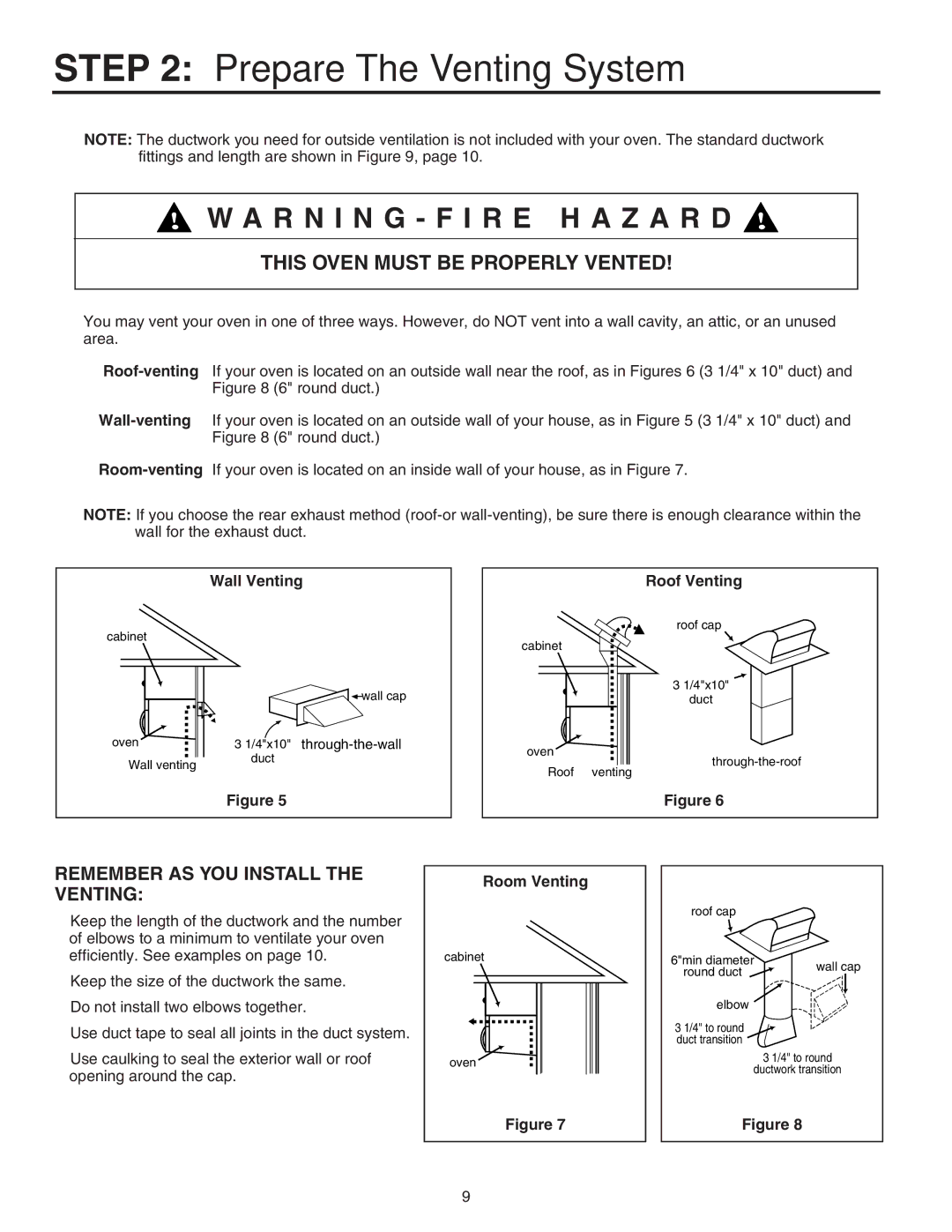 Maytag 8101P641-60 Prepare The Venting System, R N I N G F I R E H a Z a R D, Wall Venting Roof Venting, Room Venting 