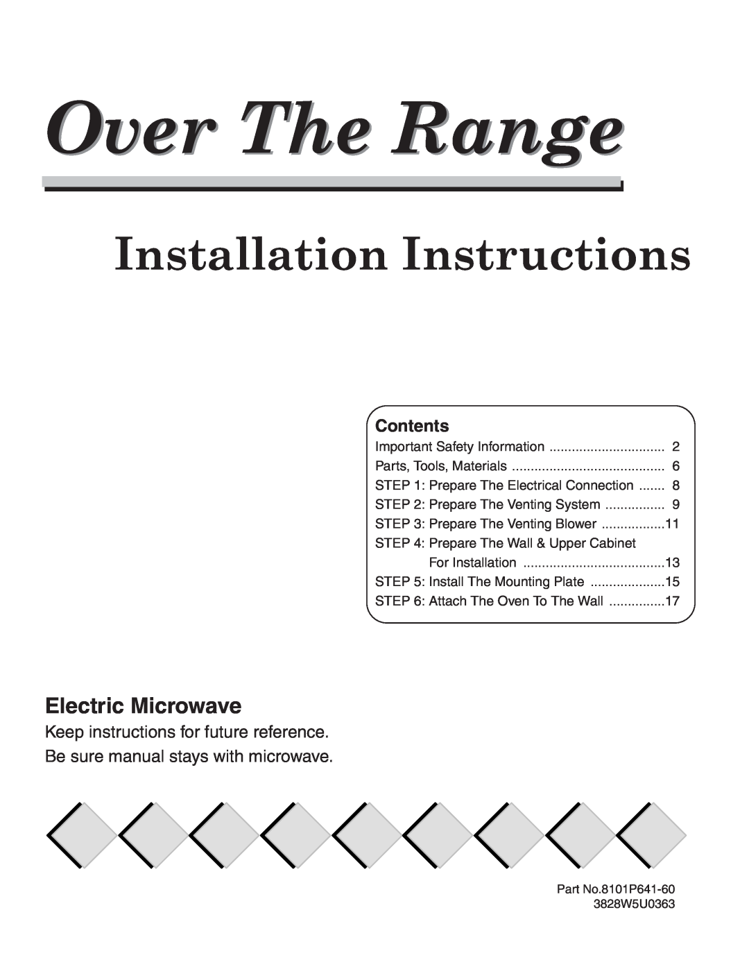 Maytag 8101P641-60 installation instructions Over The Range, Installation Instructions, Electric Microwave, Contents 