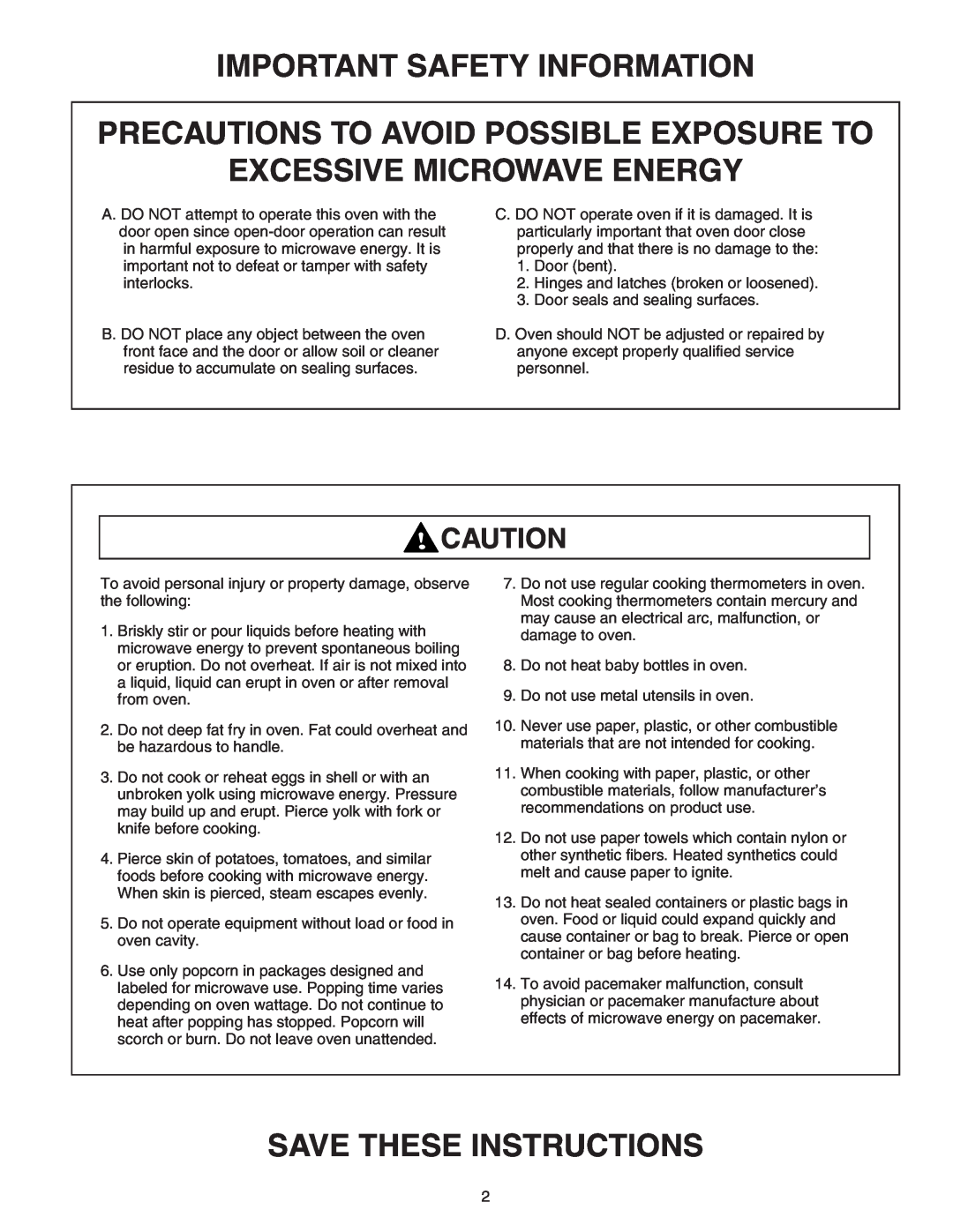 Maytag 8101P641-60 Important Safety Information, Precautions To Avoid Possible Exposure To Excessive Microwave Energy 