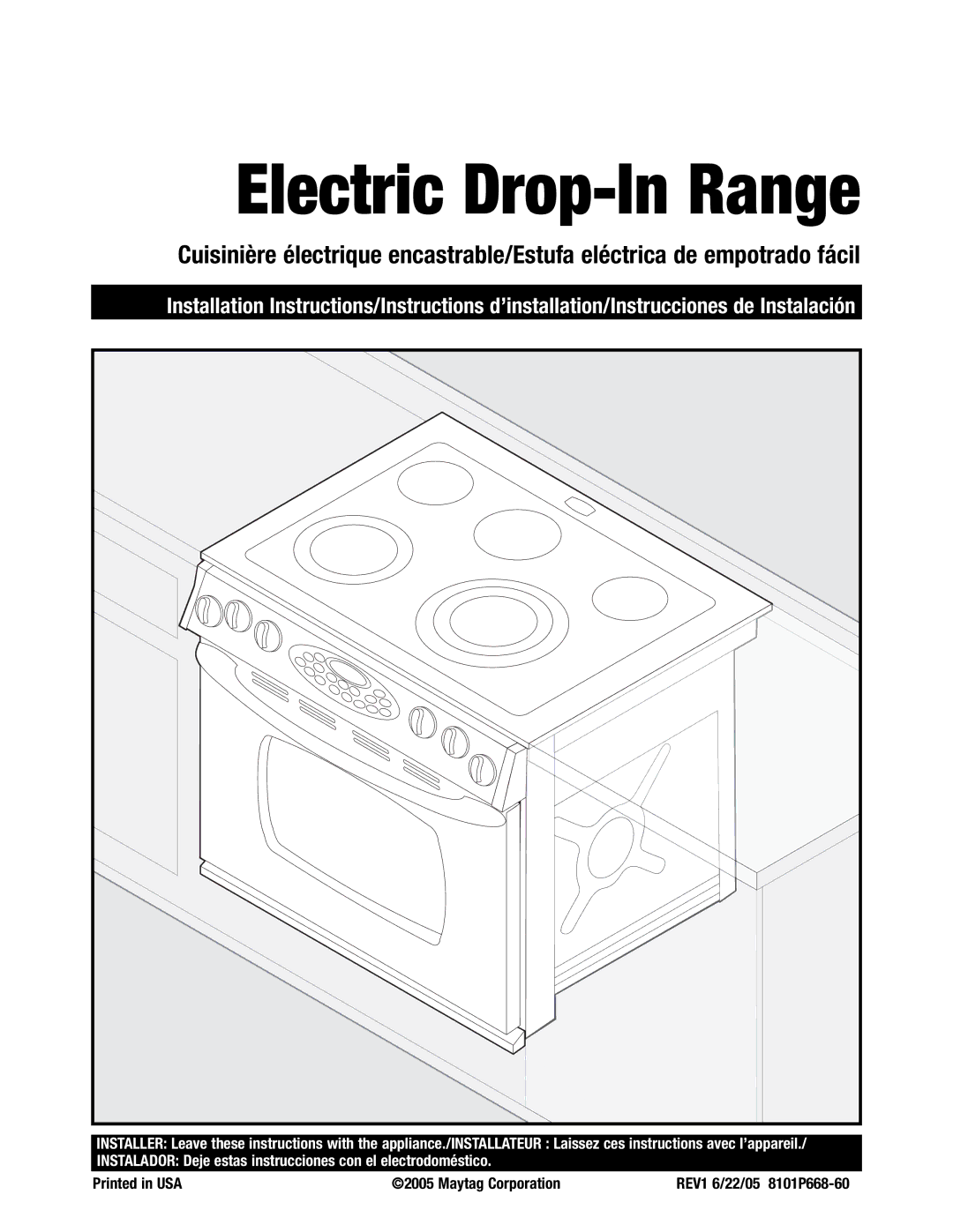 Maytag 8101P668-60 installation instructions Electric Drop-In Range, Maytag Corporation 