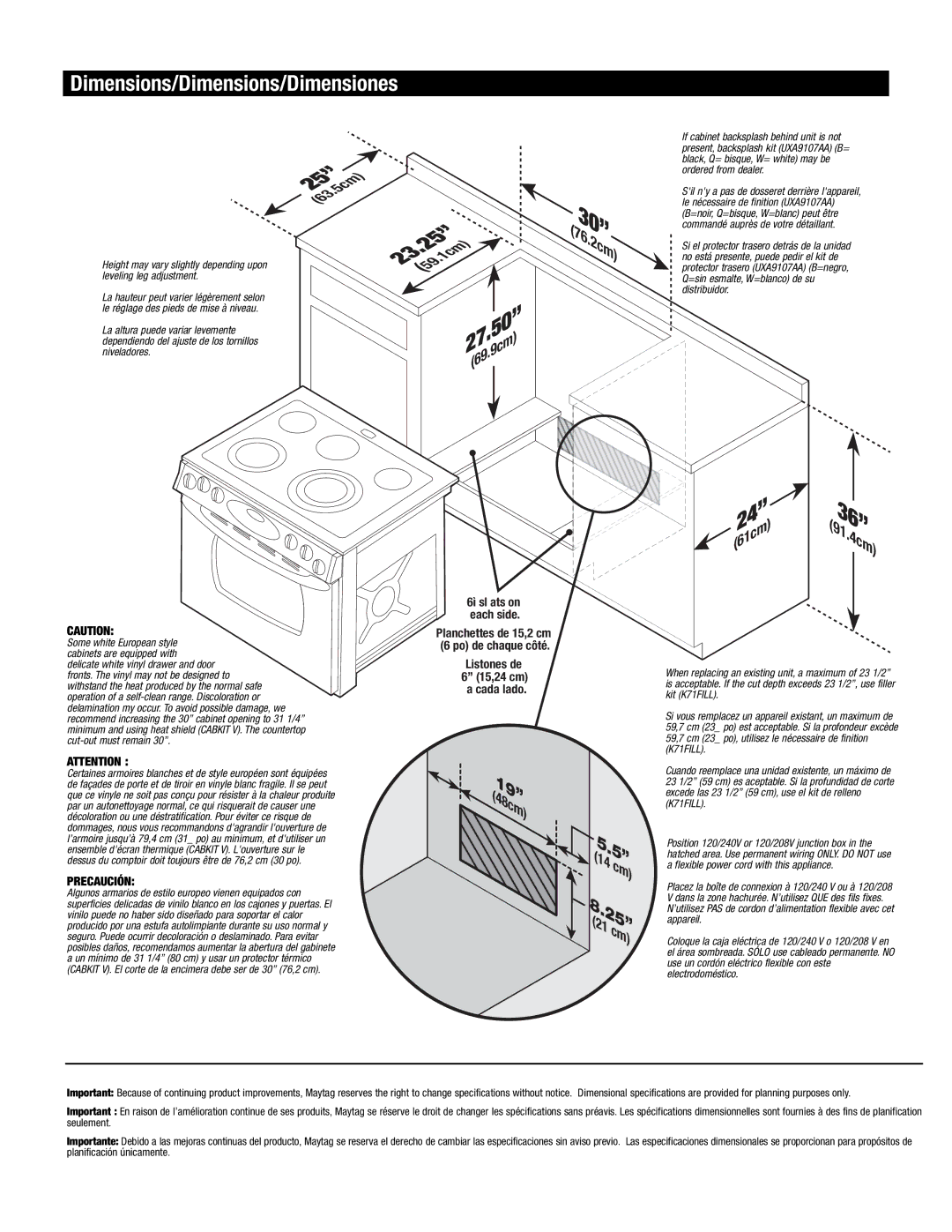 Maytag 8101P668-60 installation instructions Dimensions/Dimensions/Dimensiones, 1cm 