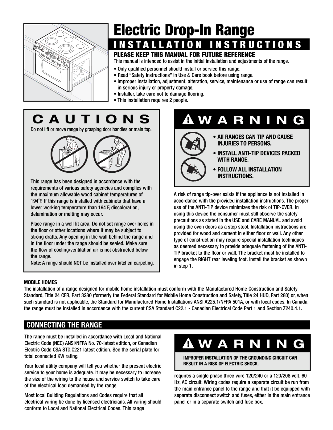 Maytag 8101P668-60 installation instructions Connecting the Range, Mobile Homes, Follow ALL Installation Instructions 