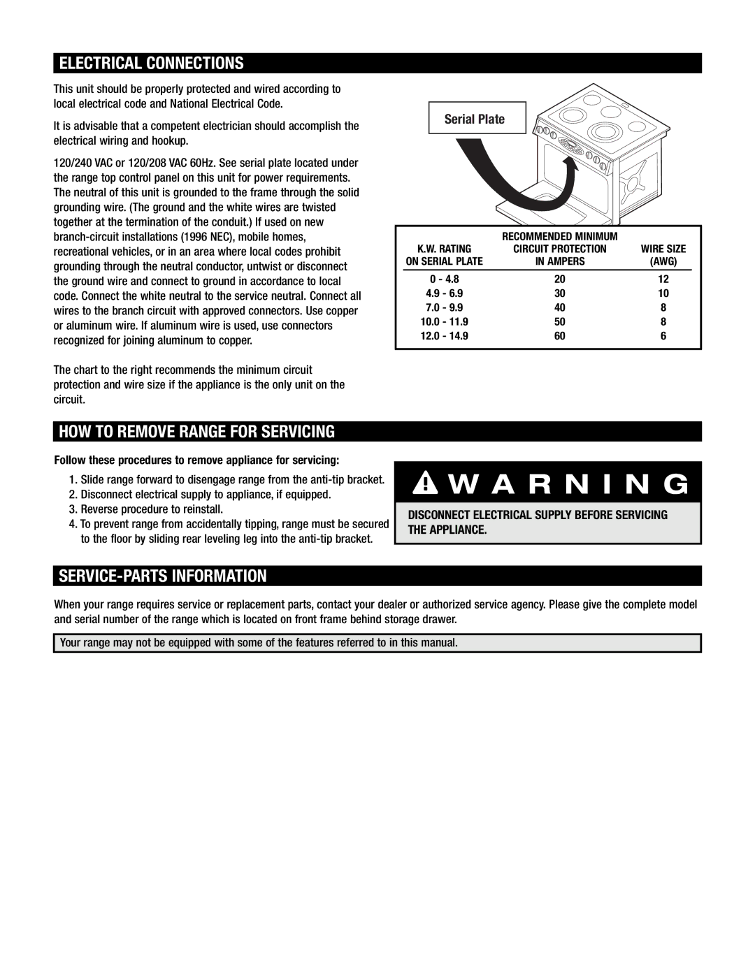 Maytag 8101P668-60 installation instructions Electrical Connections, SERVICE-PARTS Information, Serial Plate 