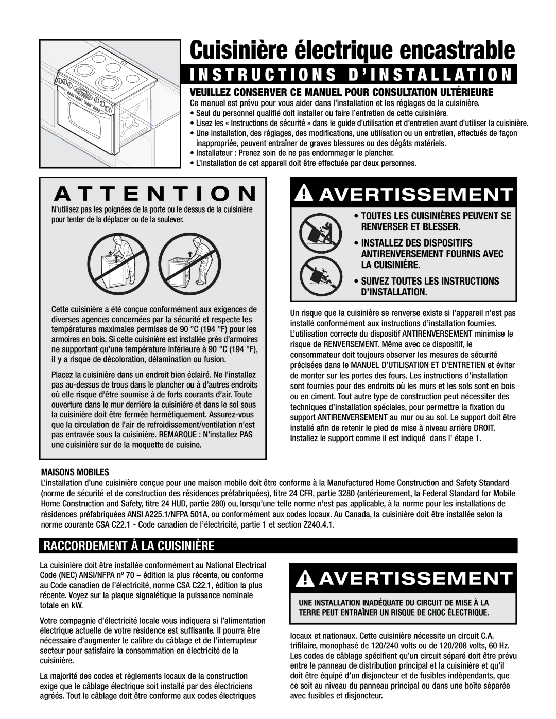 Maytag 8101P668-60 Raccordement À LA Cuisinière, Maisons Mobiles, Toutes LES Cuisinières Peuvent SE Renverser ET Blesser 