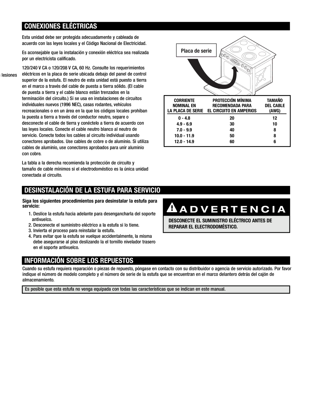 Maytag 8101P668-60 installation instructions Conexiones Eléctricas, Información Sobre LOS Repuestos, Placa de serie 