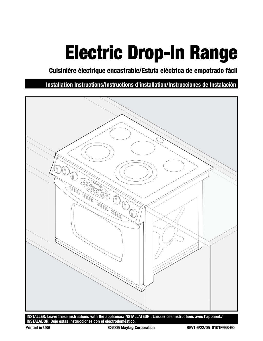 Maytag 8101P668-60 installation instructions Electric Drop-InRange, Maytag Corporation 