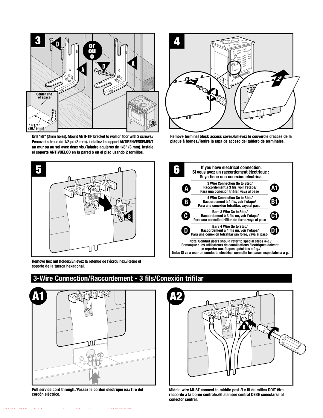 Maytag 8101P716-60 manual Wire Connection/Raccordement 3 fils/Conexión trifilar, Center line Space 14 1/4 36.19mm 