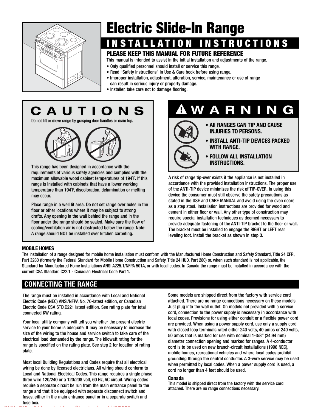 Maytag 8101P716-60 manual Connecting the Range, Mobile Homes 