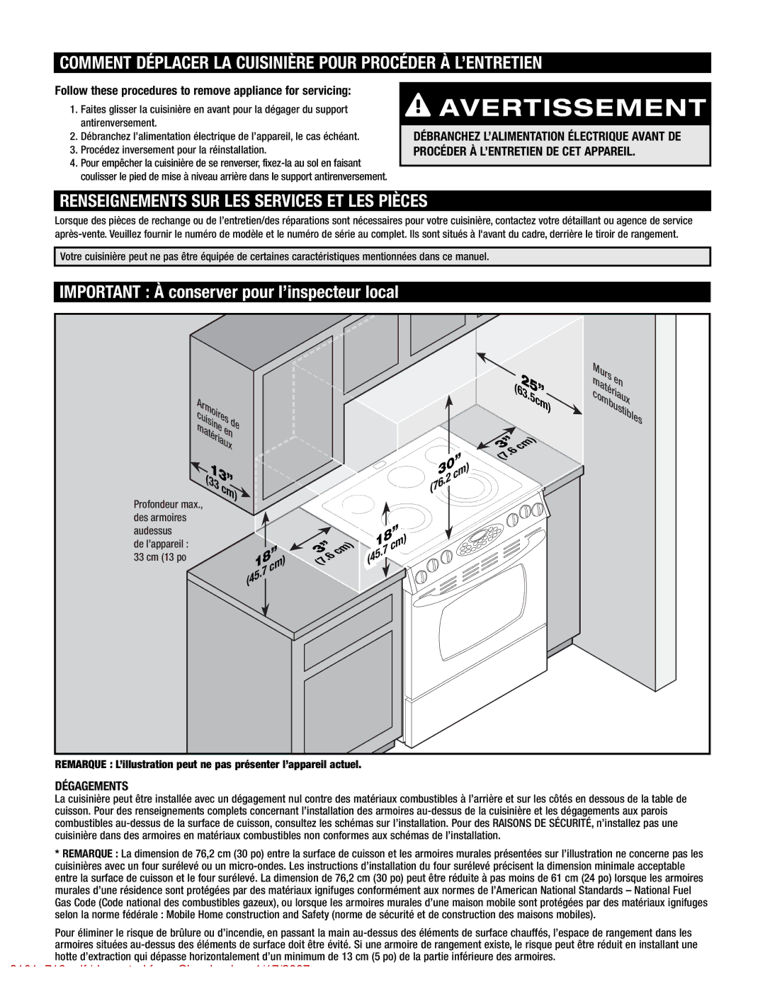 Maytag 8101P716-60 manual Comment Déplacer LA Cuisinière Pour Procéder À L’ENTRETIEN, Dégagements 