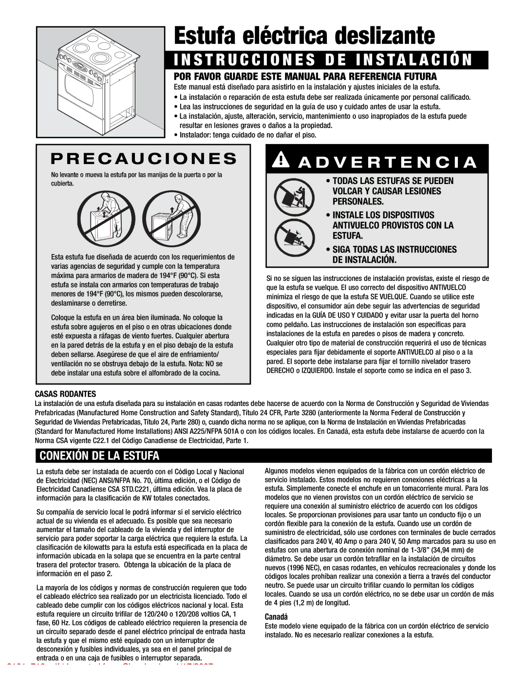 Maytag 8101P716-60 manual Conexión DE LA Estufa, Casas Rodantes 