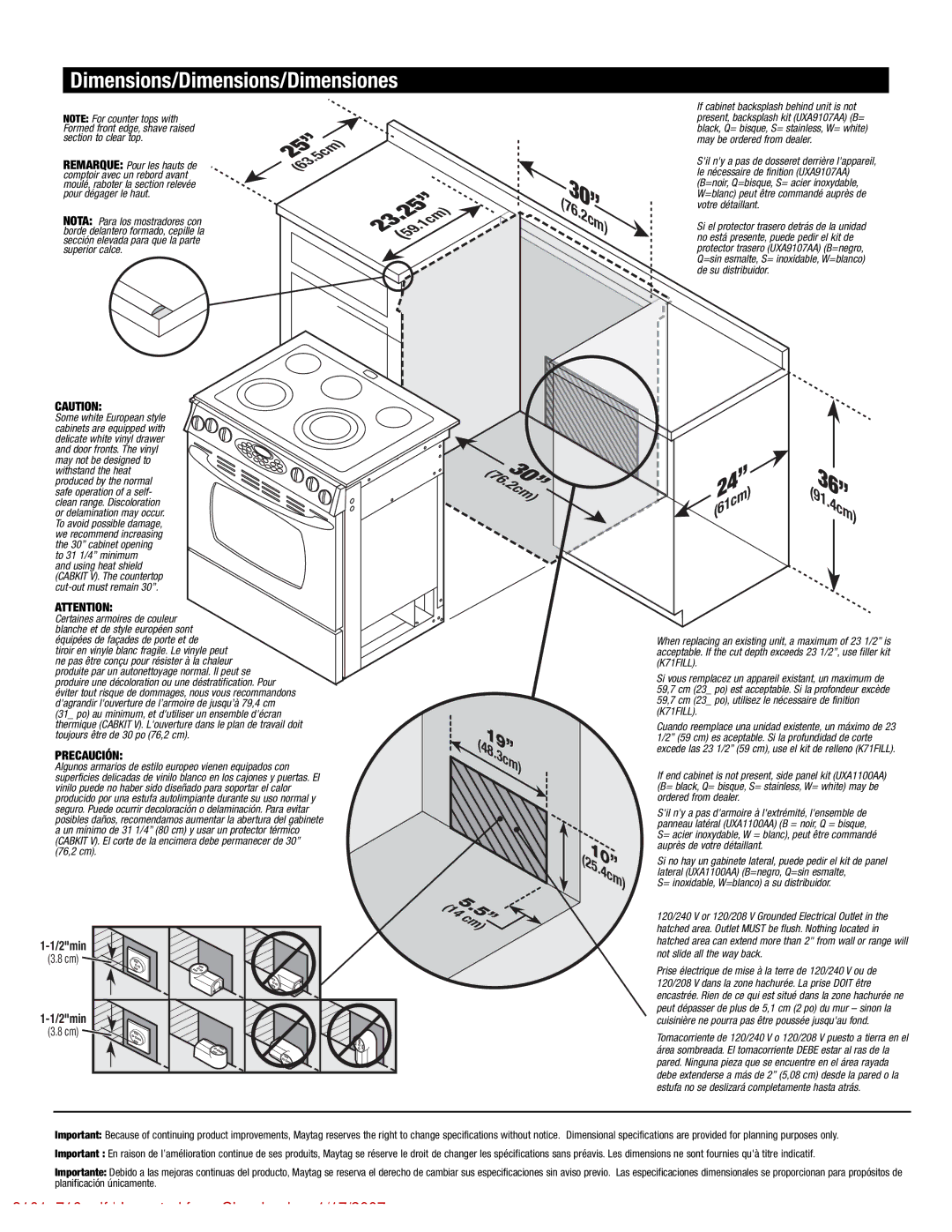 Maytag 8101P716-60 manual Dimensions/Dimensions/Dimensiones, Precaución 