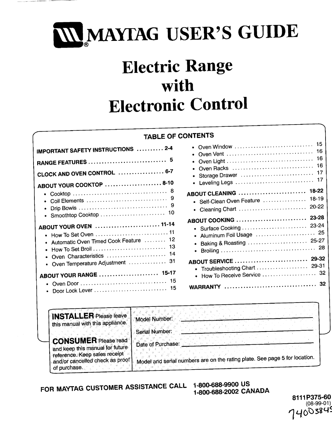 Maytag 8111P375-60 important safety instructions Clockand Oven Control, 18-22, Elf- Cl eanOvenFeature 18-19 