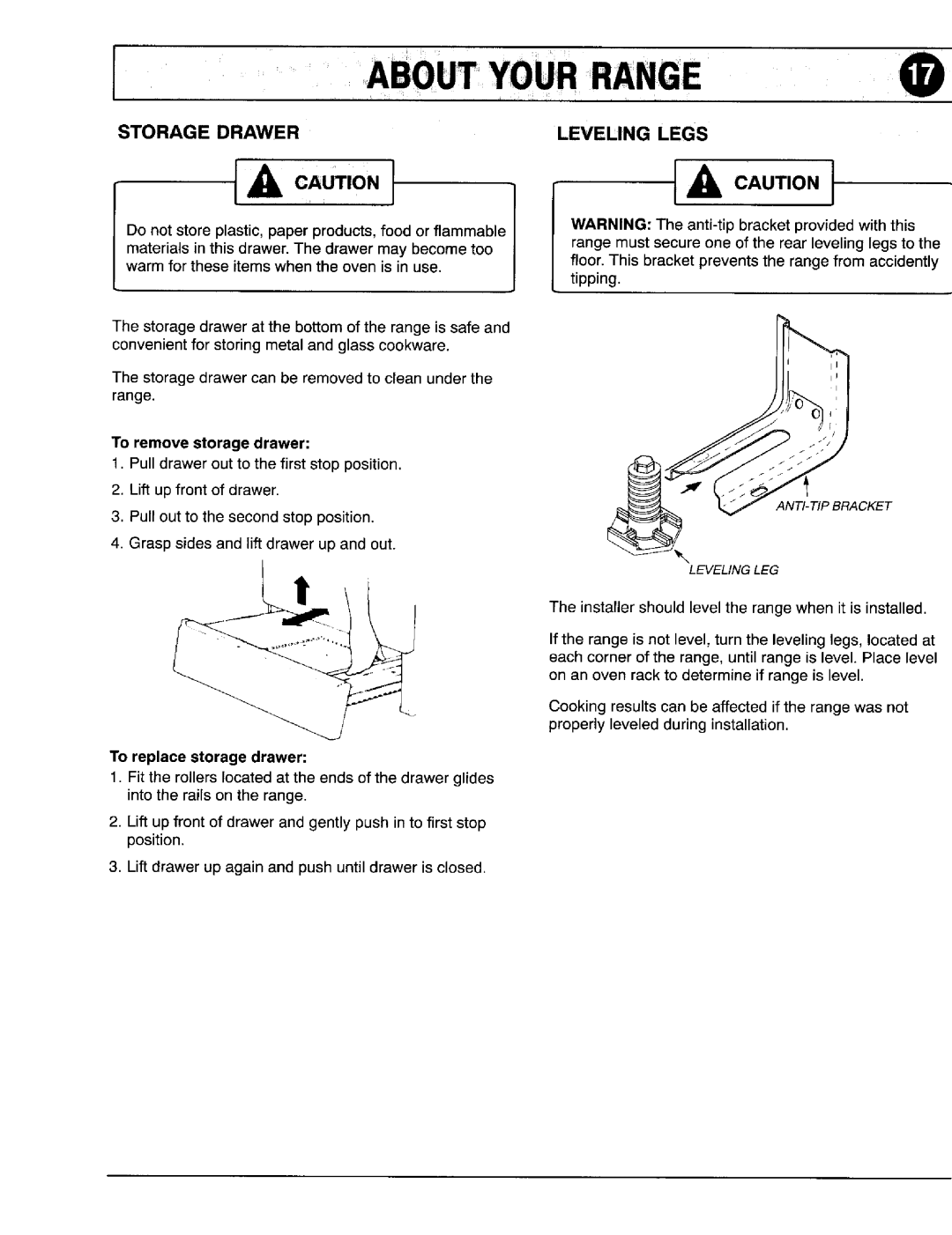 Maytag 8111P375-60 important safety instructions Range, Storage Drawer, To replacestorage drawer, Leveling Legs 