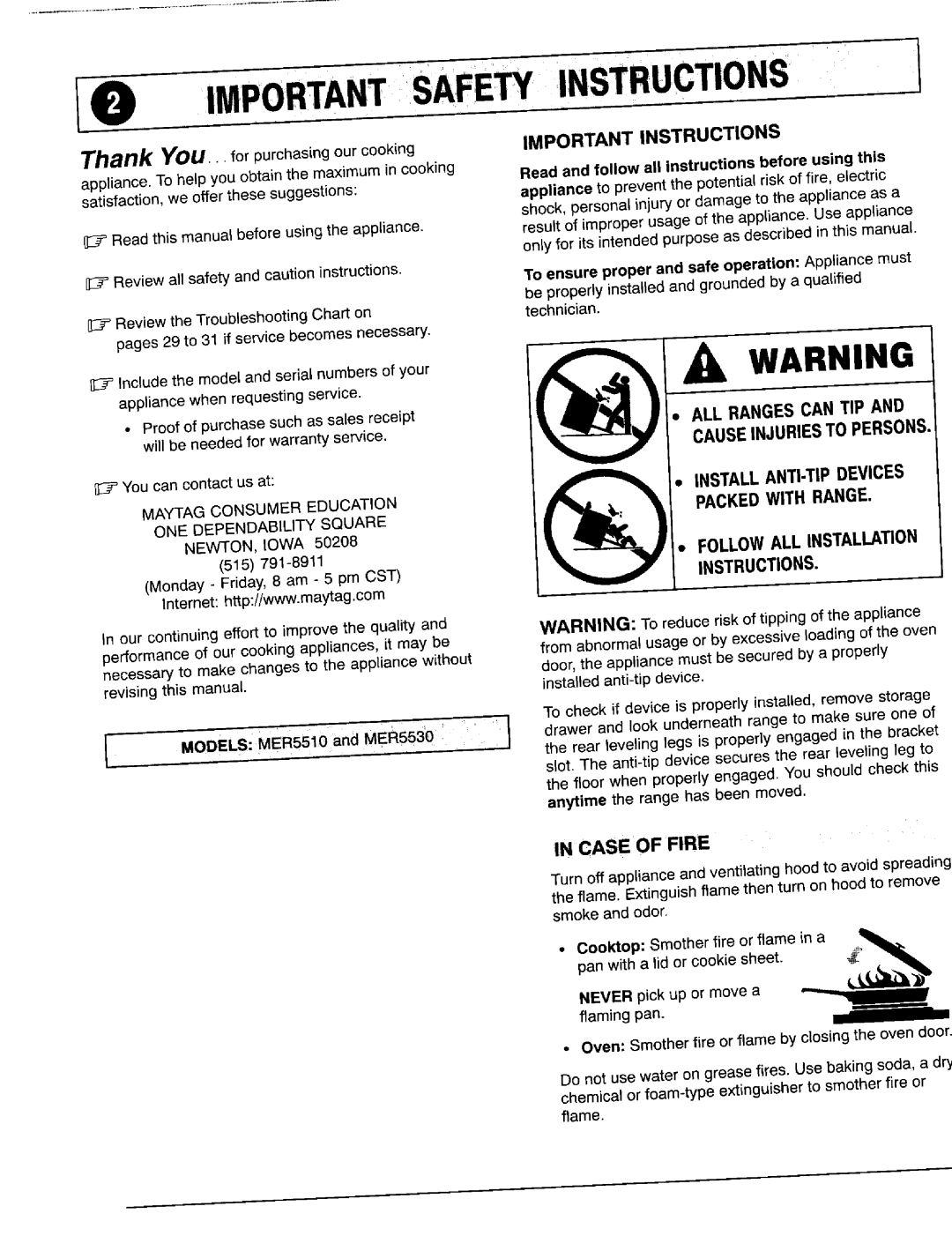 Maytag 8111P375-60 Importantsafety Instructions, Maytagconsumer Education ONE Dependabilitysquare, Installedanti-tipdevice 