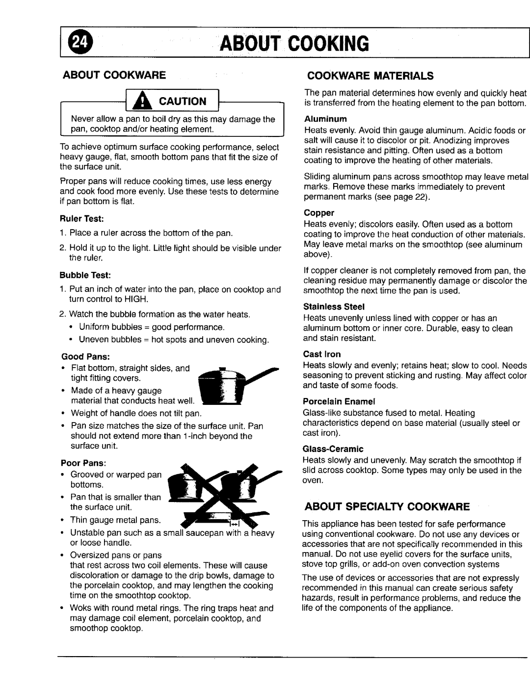 Maytag 8111P375-60 important safety instructions About Cookware, Cookware Materials, About Specialty Cookware 