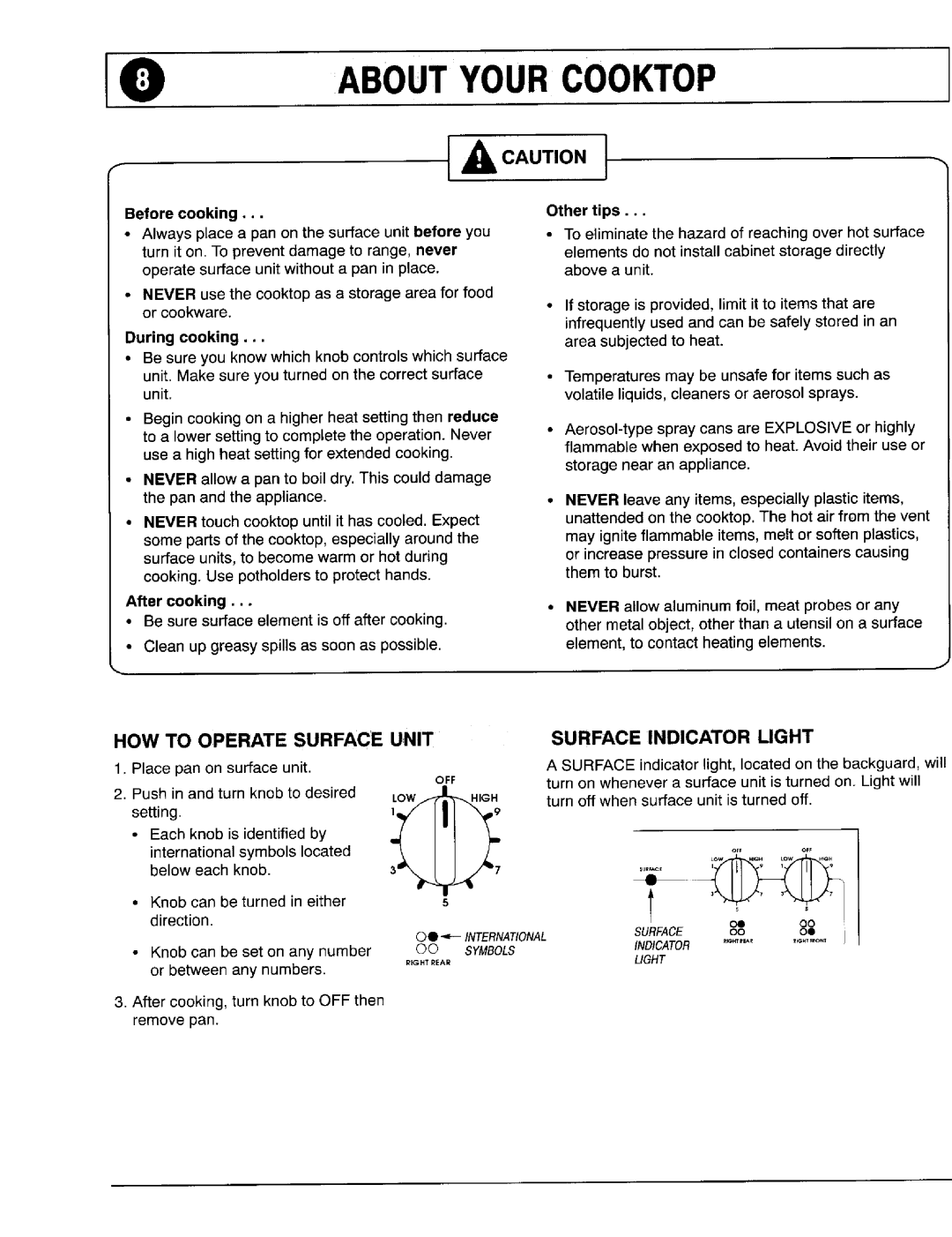 Maytag 8111P375-60 0ABOUTYOURCOOKTOP, HOW to Operatesurface Unit Surfaceindicator Light, After cooking, Other tips, Off 