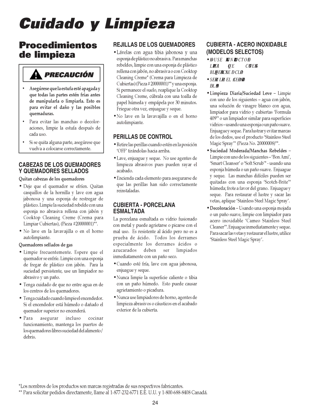 Maytag 8111P504-60 Cuidado y Limpieza, Procedimientos de limpieza, Perillas DE Control, Cubierta Porcelana Esmaltada 