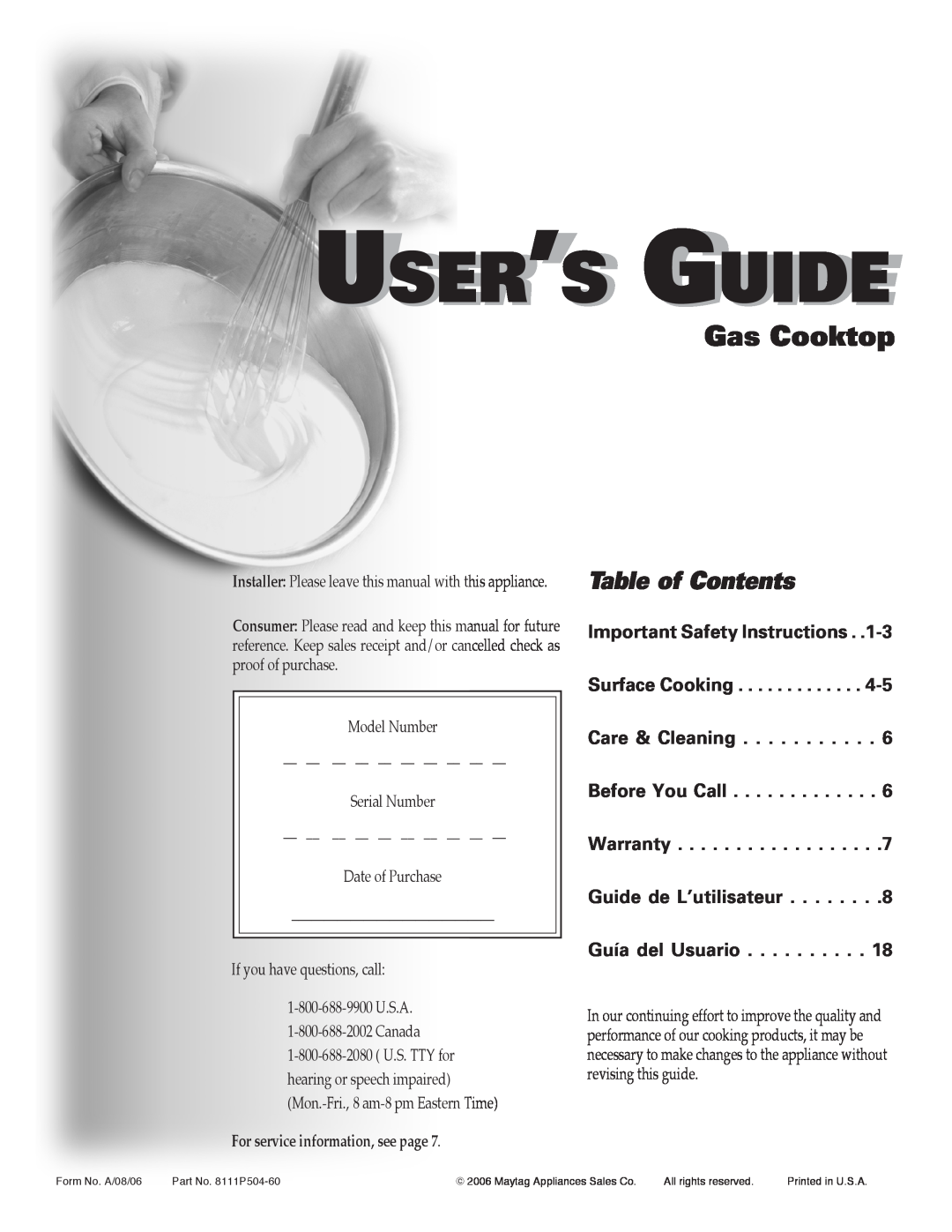Maytag 8111P504-60 important safety instructions User’S Guide, Gas Cooktop, Table of Contents 