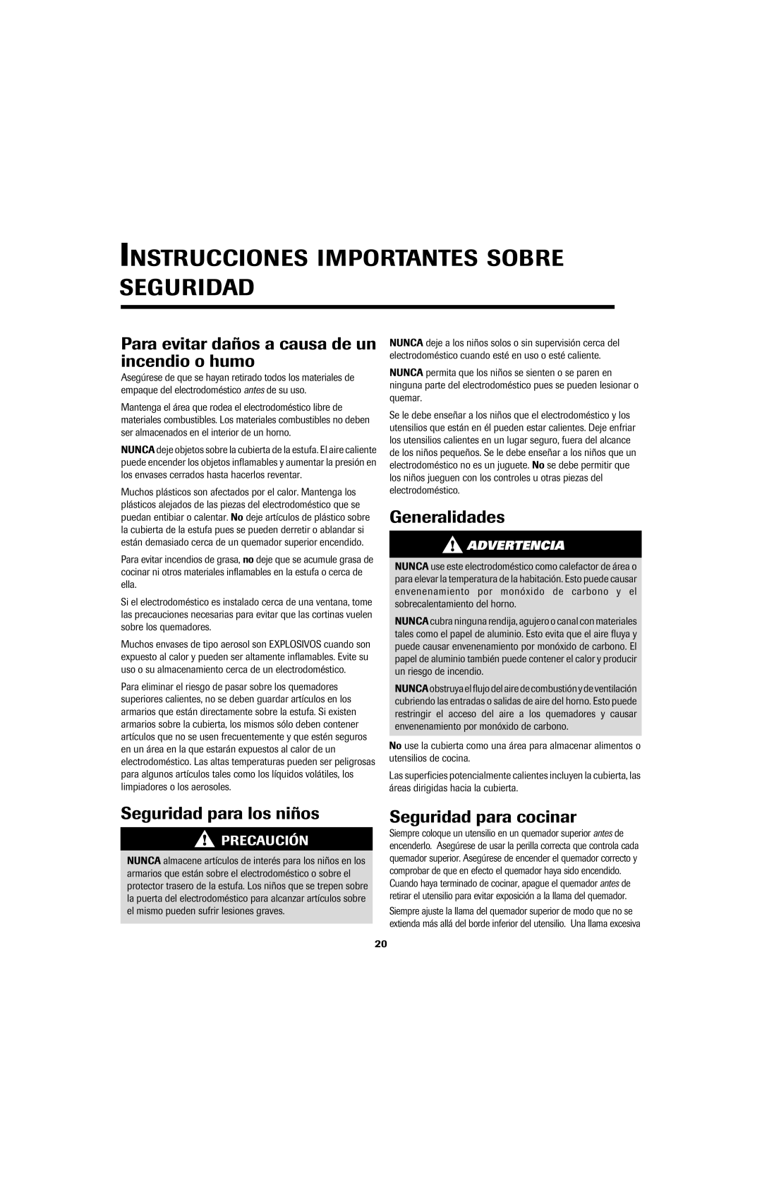 Maytag 8111P536-60 Para evitar daños a causa de un incendio o humo, Generalidades, Seguridad para los niños 