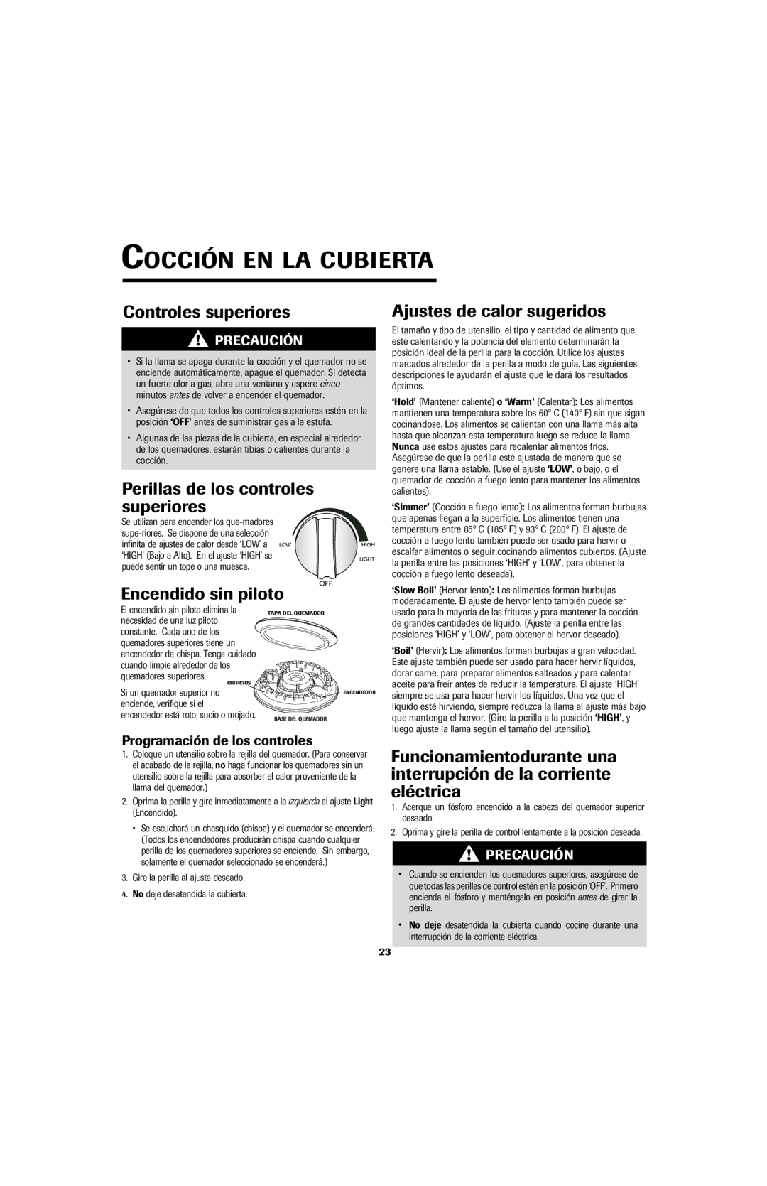 Maytag 8111P536-60 Cocción EN LA Cubierta, Controles superiores, Perillas de los controles superiores 