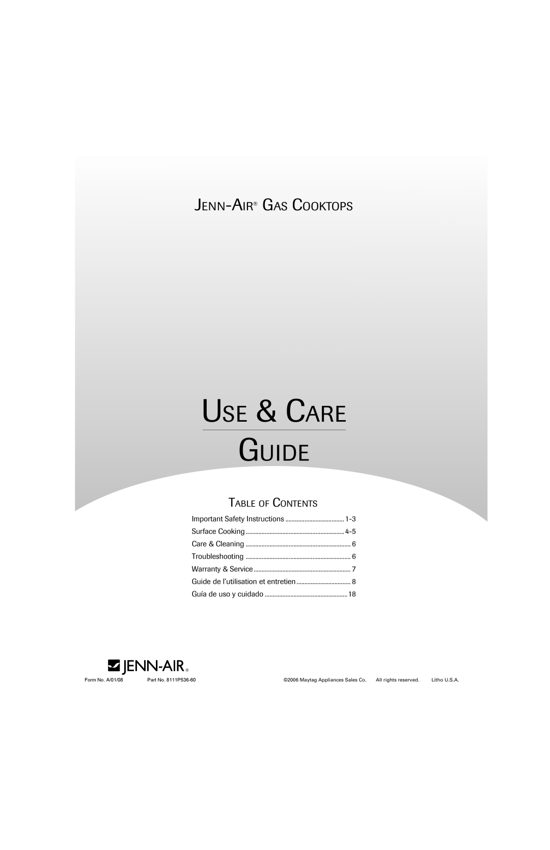 Maytag 8111P536-60 important safety instructions Use & Care Guide, Jenn-Air Gas Cooktops, Table Of Contents, Litho U.S.A 