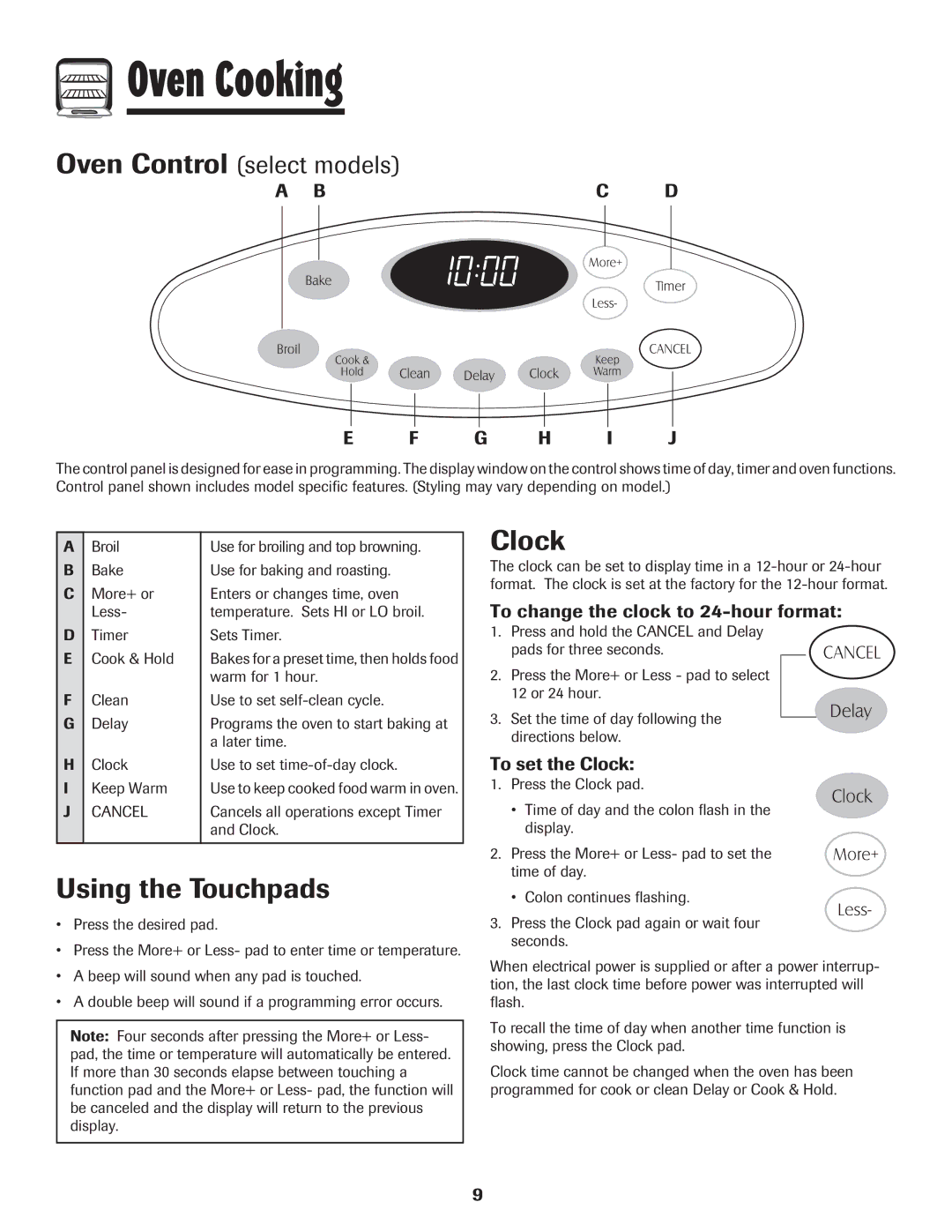 Maytag 8113P424-60 manual Using the Touchpads, Clock, Oven Control select models, Bc D G H I J 