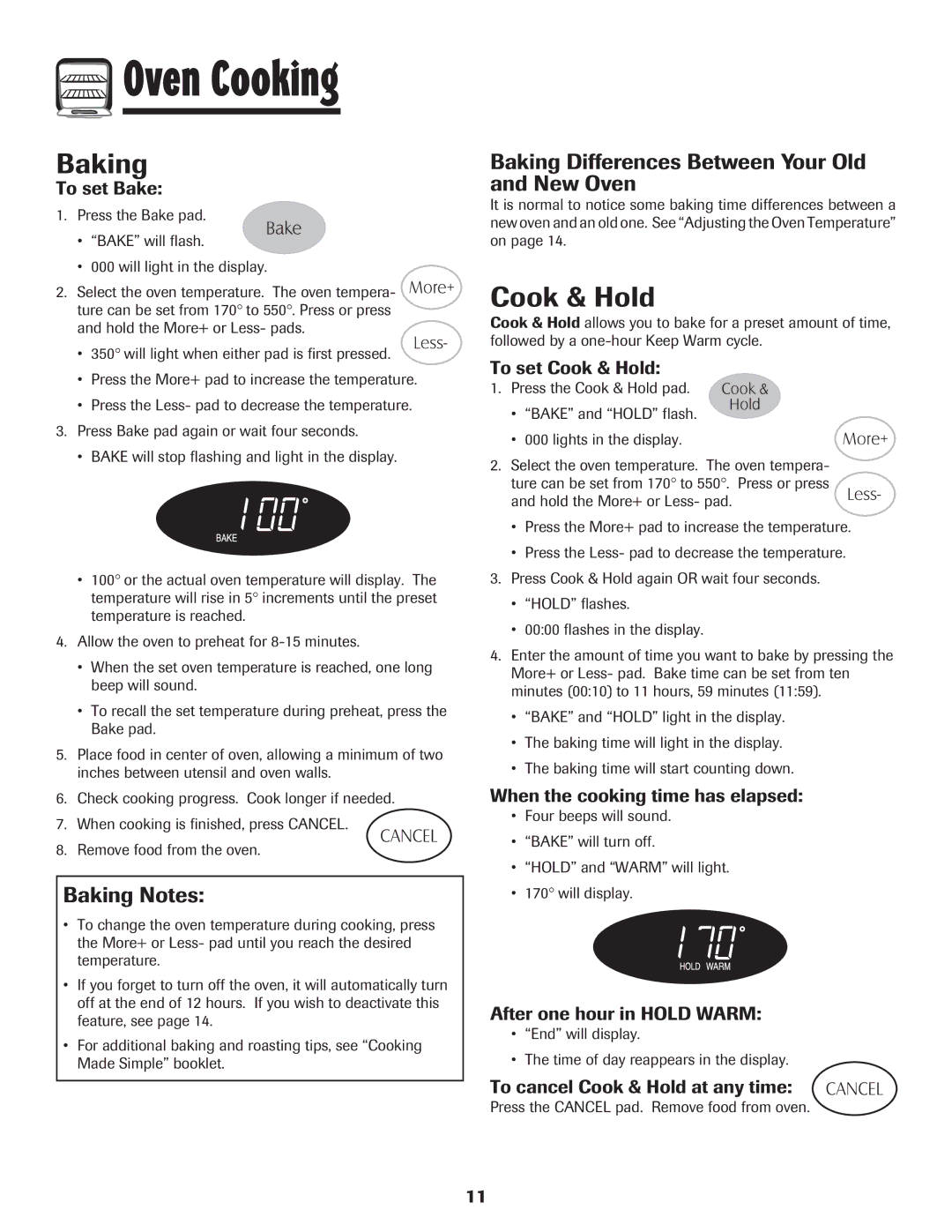 Maytag 8113P424-60 manual Cook & Hold, Baking Notes, Baking Differences Between Your Old and New Oven 