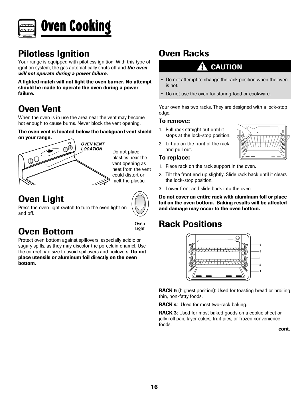 Maytag 8113P424-60 manual Oven Vent, Oven Racks, Oven Light, Oven Bottom, Rack Positions 