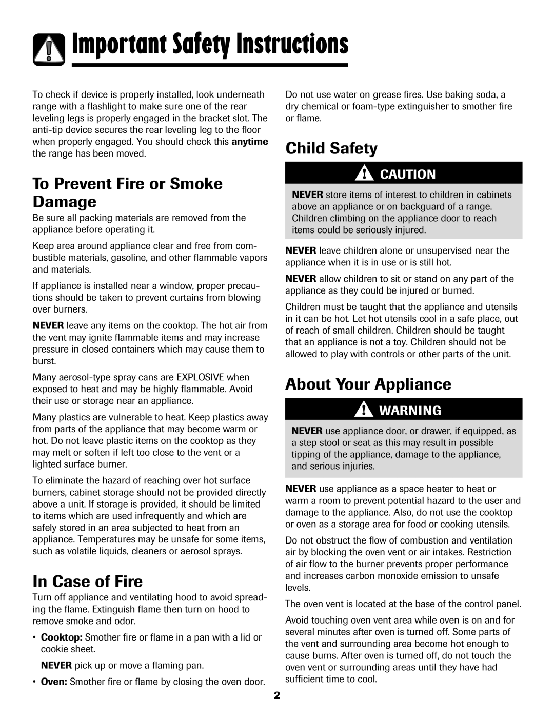 Maytag 8113P424-60 manual Important Safety Instructions, To Prevent Fire or Smoke Damage, Case of Fire, Child Safety 