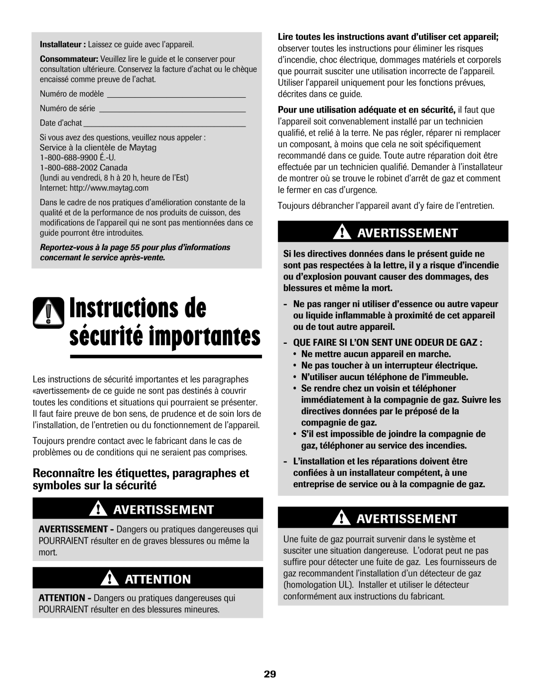 Maytag 8113P424-60 manual Instructions de sécurité importantes 