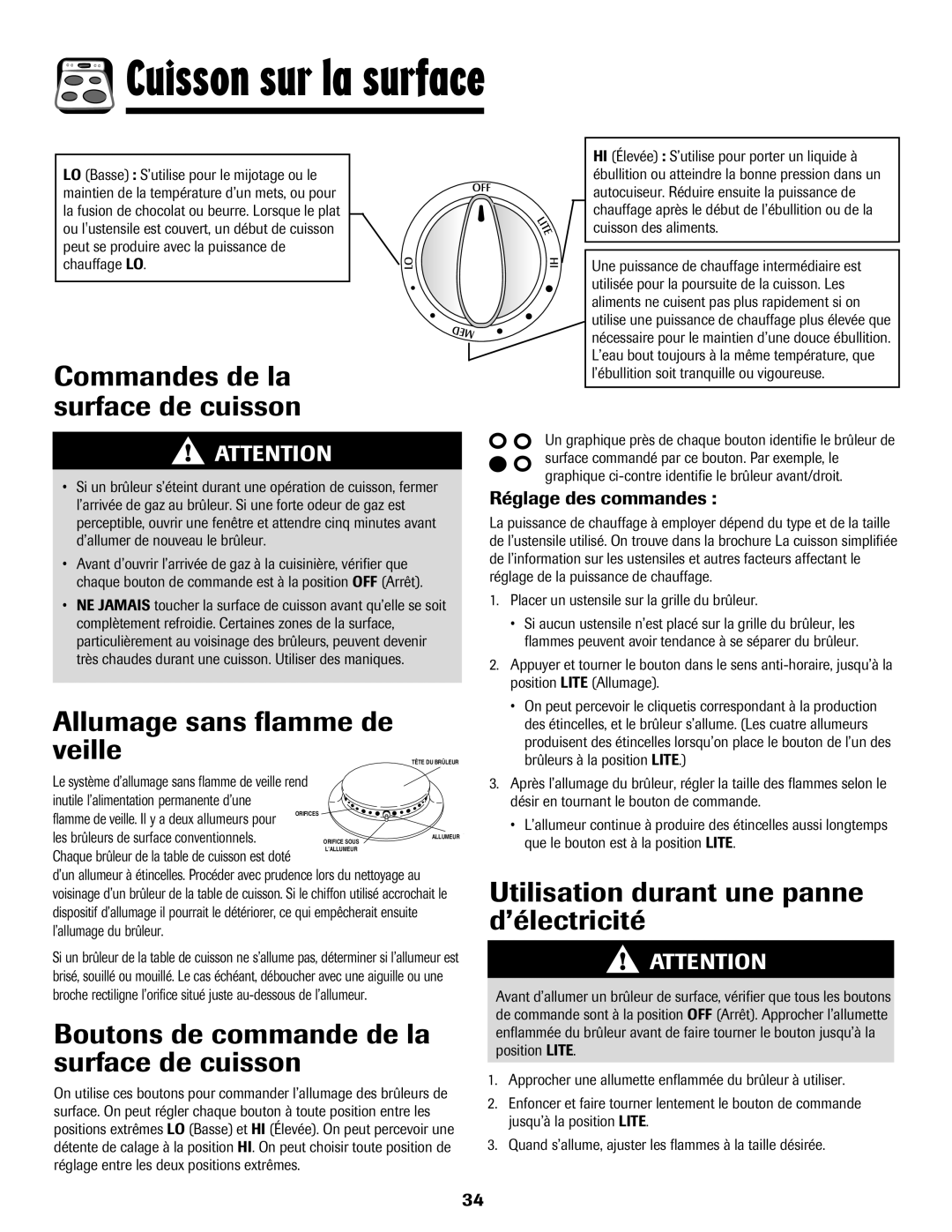 Maytag 8113P424-60 manual Cuisson sur la surface, Commandes de la surface de cuisson, Allumage sans flamme de veille 