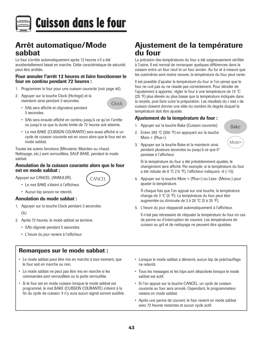 Maytag 8113P424-60 manual Arrêt automatique/Mode sabbat, Ajustement de la température du four, Remarques sur le mode sabbat 