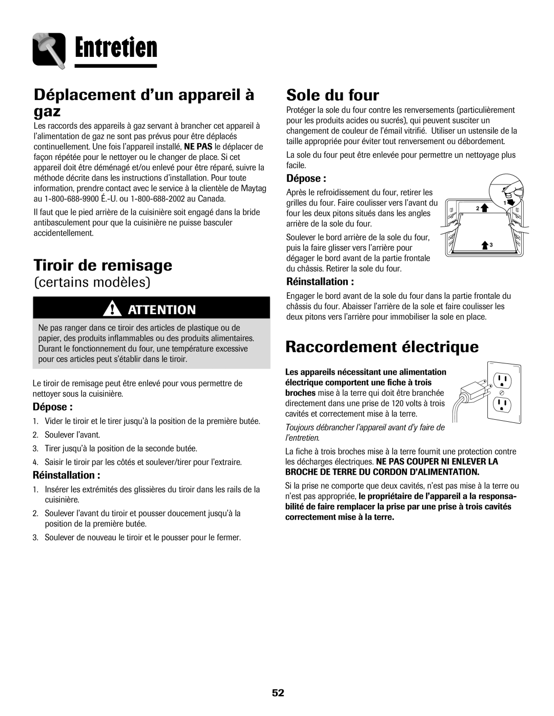 Maytag 8113P424-60 manual Déplacement d’un appareil à gaz, Tiroir de remisage, Raccordement électrique, Dépose 