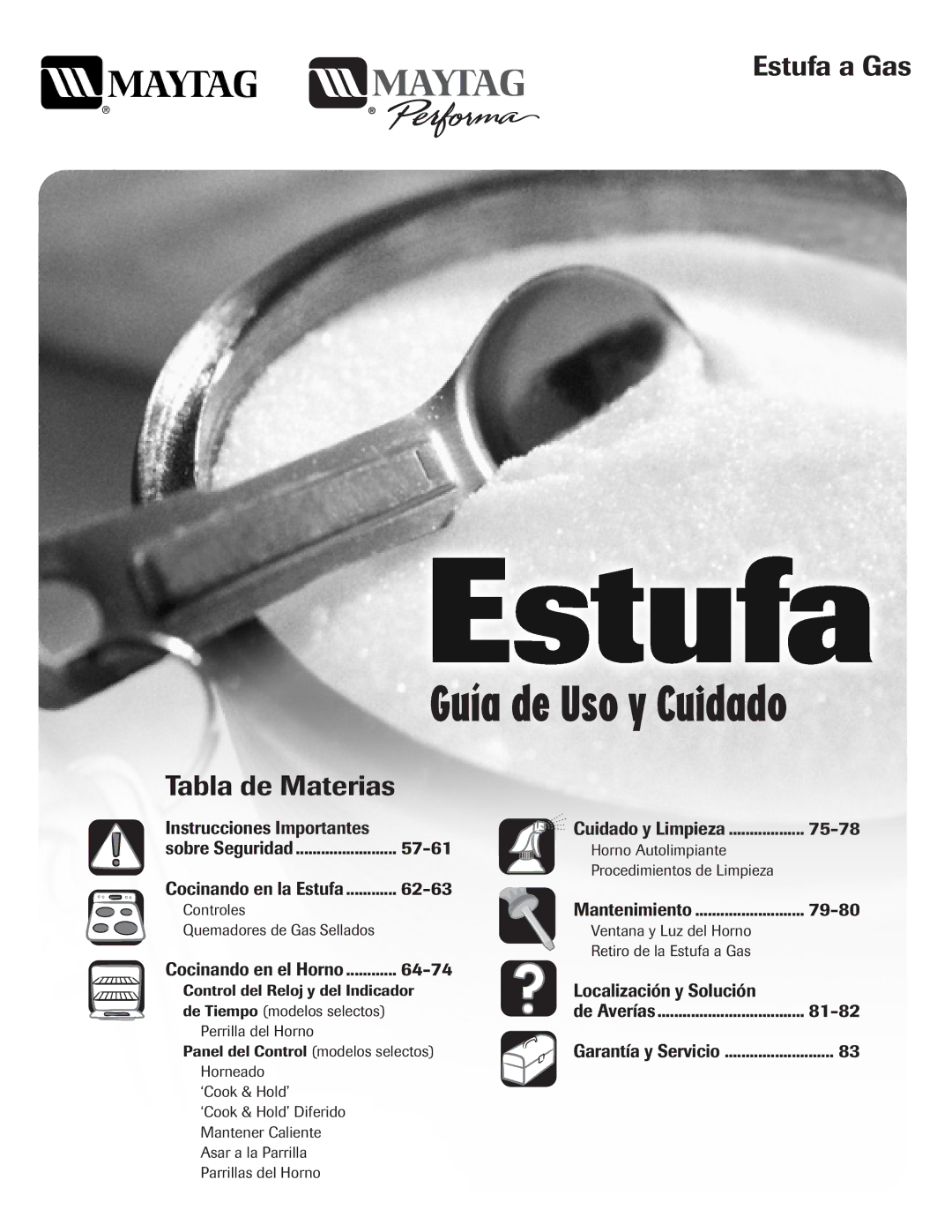 Maytag 8113P424-60 manual Estufa a Gas, Tabla de Materias 