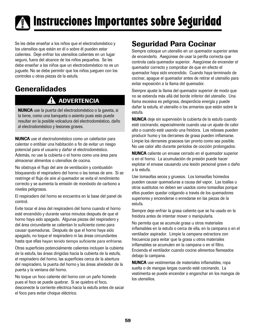 Maytag 8113P424-60 manual Generalidades, Seguridad Para Cocinar 