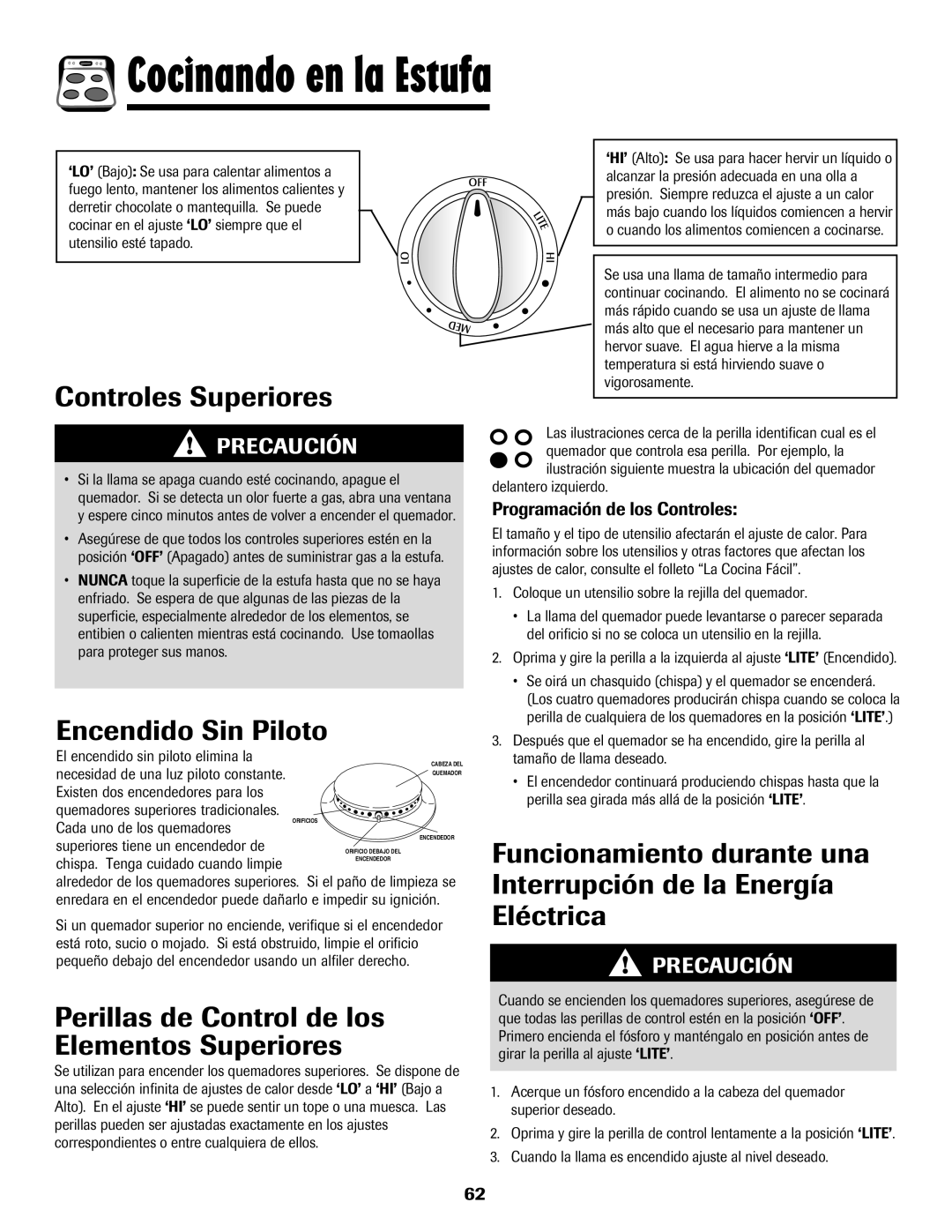 Maytag 8113P424-60 manual Cocinando en la Estufa, Controles Superiores, Encendido Sin Piloto, Programación de los Controles 