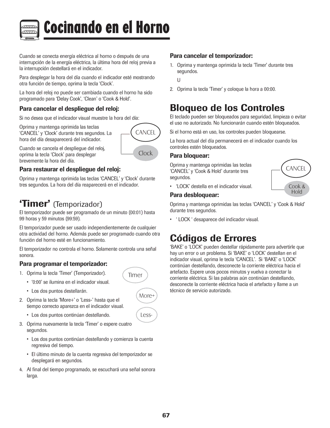 Maytag 8113P424-60 manual Bloqueo de los Controles, Códigos de Errores, ‘Timer’ Temporizador 