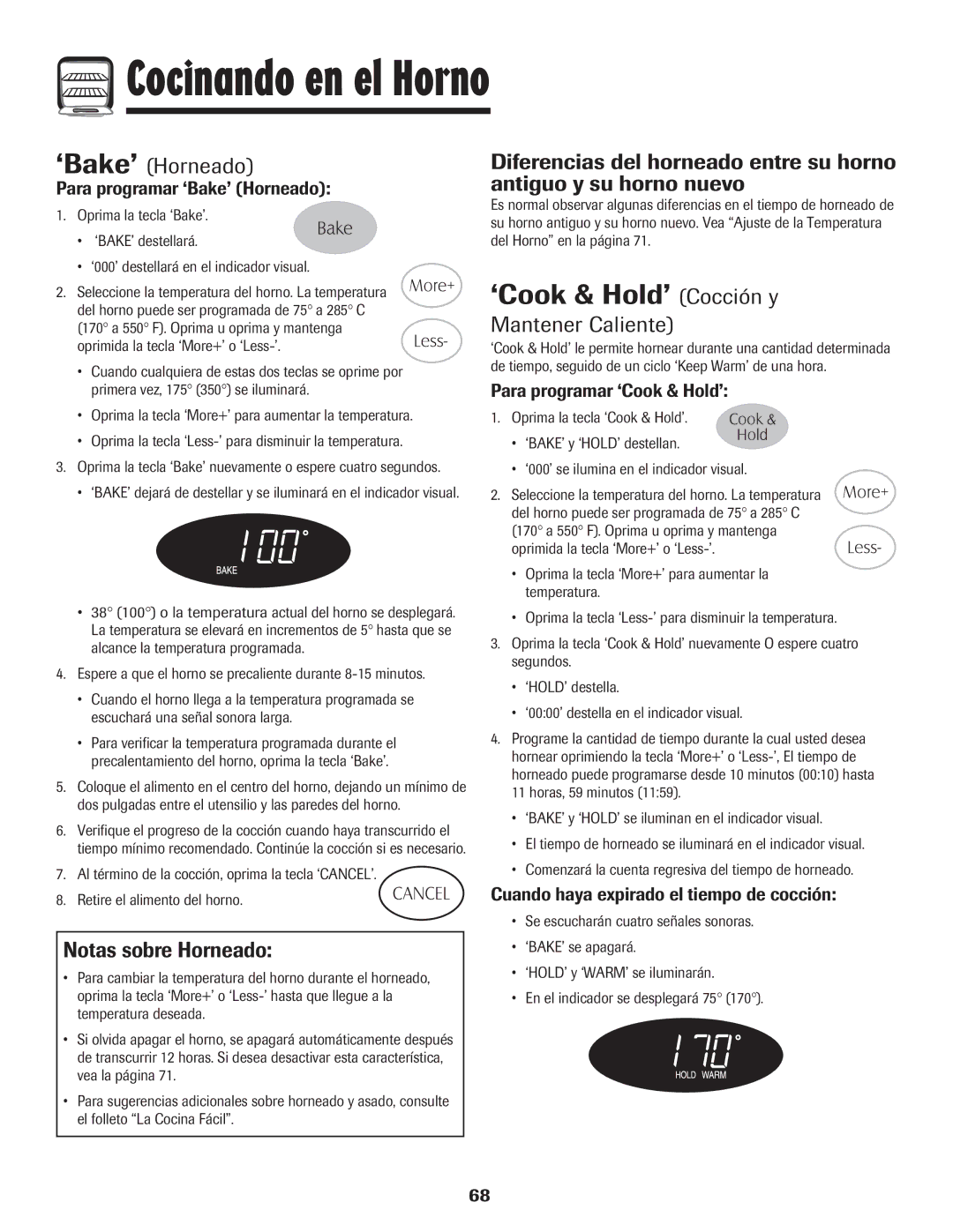 Maytag 8113P424-60 manual ‘Cook & Hold’ Cocci-n y, ‘Bake’ Horneado, Notas sobre Horneado, Mantener Caliente 