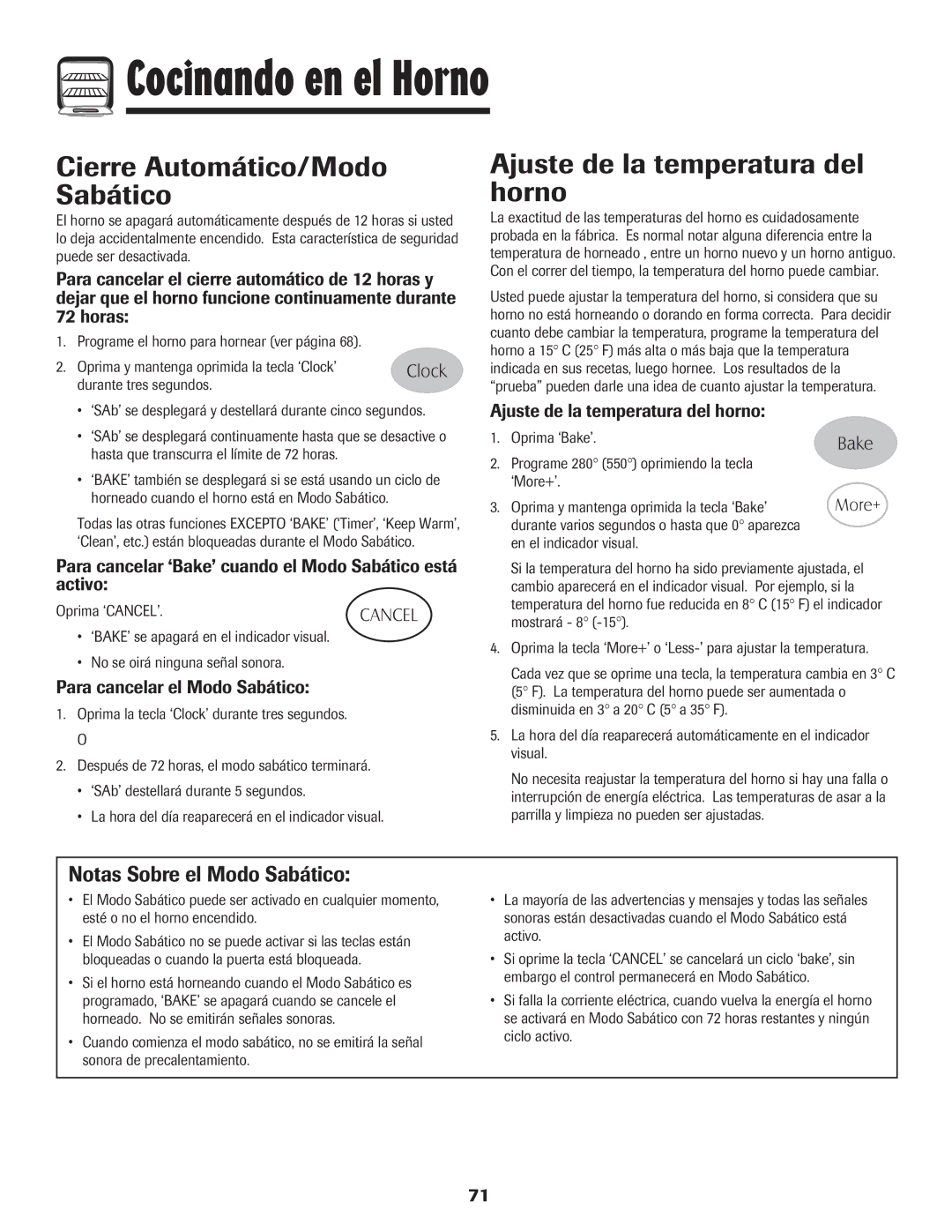 Maytag 8113P424-60 manual Cierre Automático/Modo Sabático, Ajuste de la temperatura del horno, Notas Sobre el Modo Sabático 