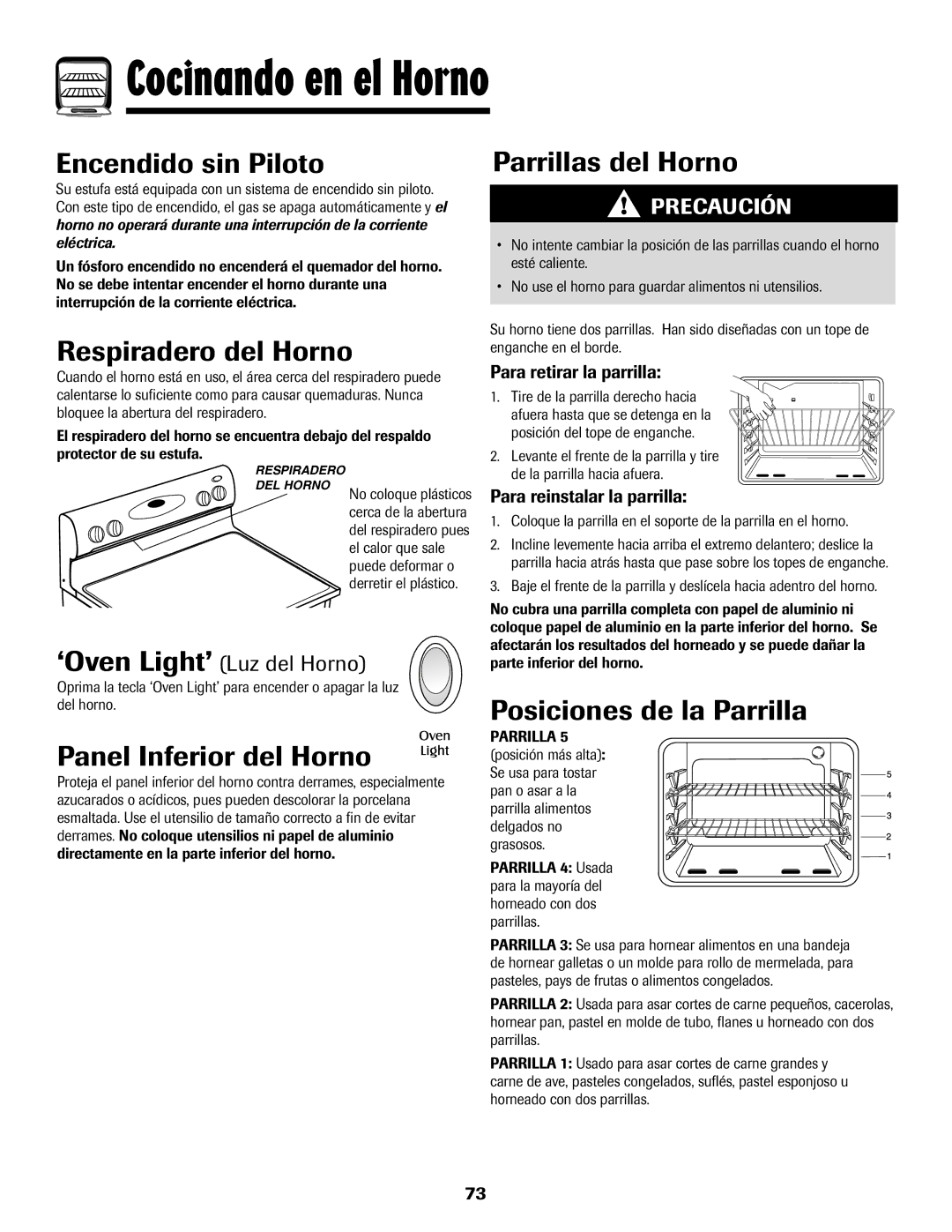 Maytag 8113P424-60 manual Respiradero del Horno, Panel Inferior del Horno, Parrillas del Horno, Posiciones de la Parrilla 