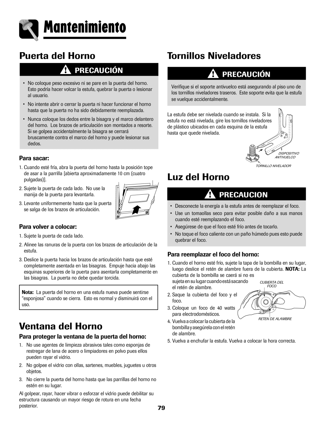 Maytag 8113P424-60 manual Mantenimiento, Puerta del Horno, Tornillos Niveladores, Luz del Horno, Ventana del Horno 