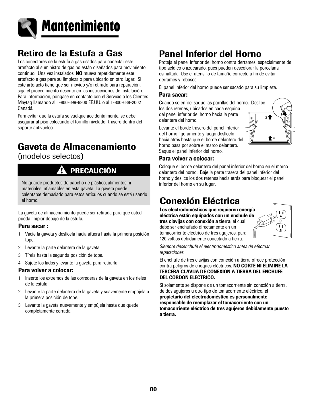 Maytag 8113P424-60 manual Retiro de la Estufa a Gas, Gaveta de Almacenamiento, Conexión Eléctrica 