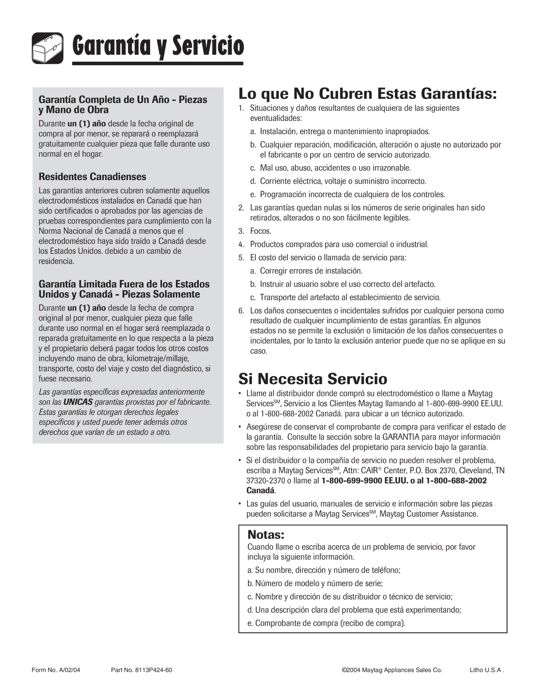 Maytag 8113P424-60 Garantía y Servicio, Lo que No Cubren Estas Garantías, Si Necesita Servicio, Residentes Canadienses 