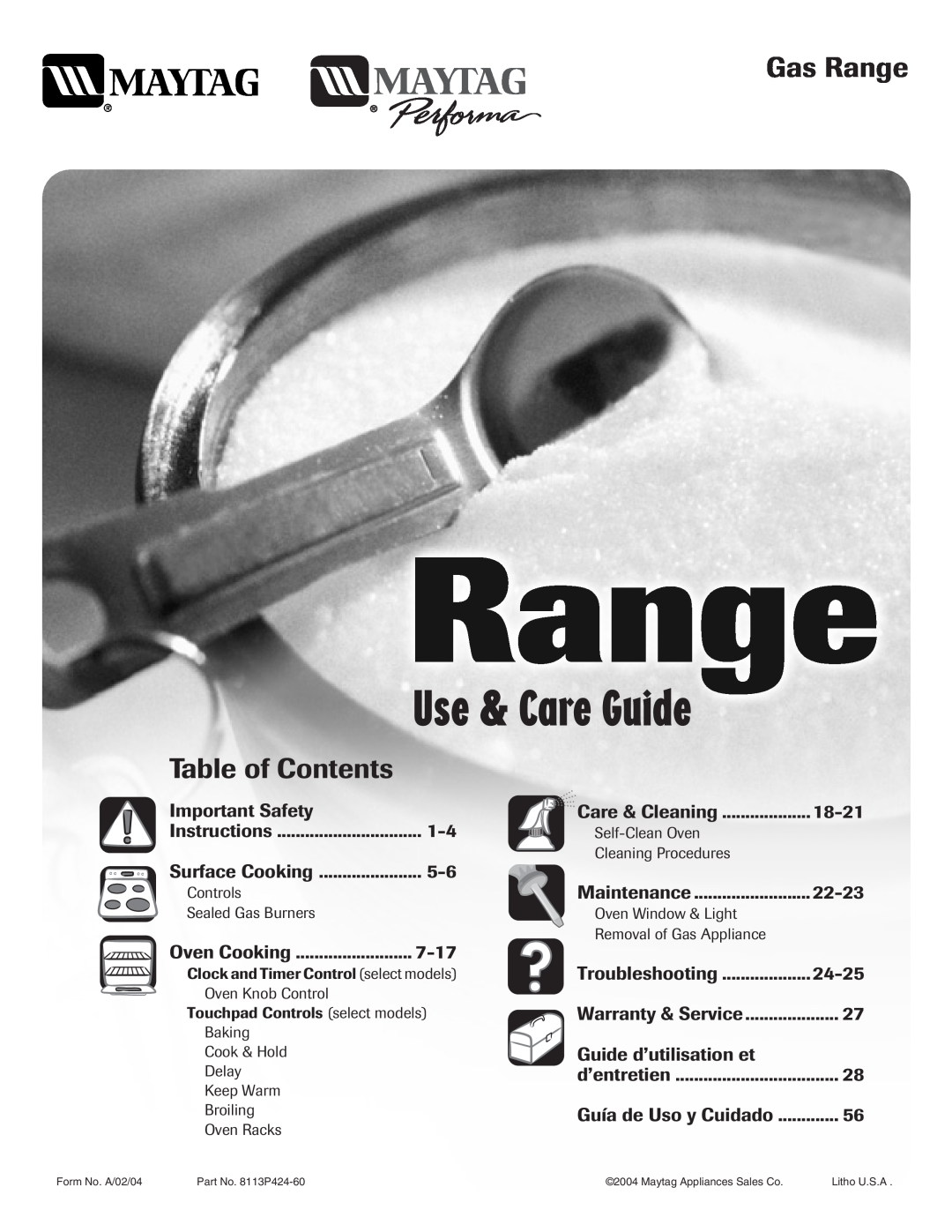 Maytag 8113P424-60 manual Use & Care Guide, Gas Range, Table of Contents 
