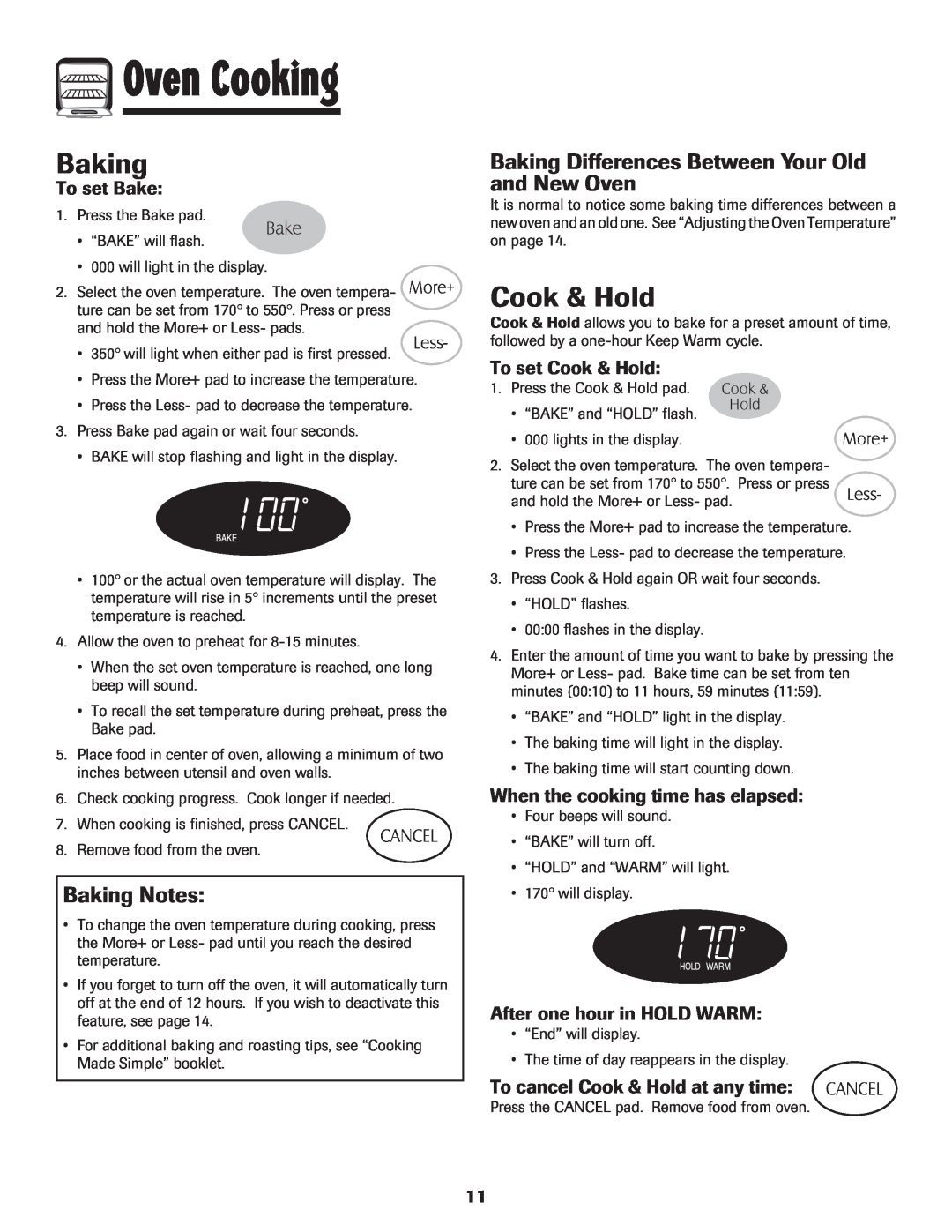 Maytag 8113P424-60 manual Cook & Hold, Baking Notes, Baking Differences Between Your Old and New Oven, To set Bake 