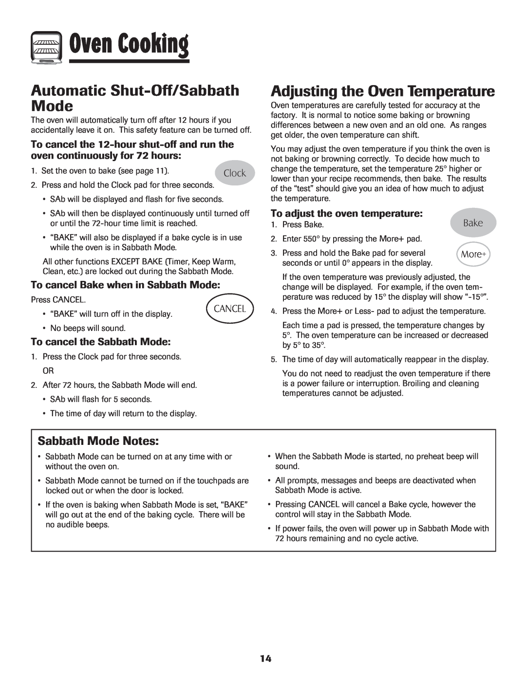 Maytag 8113P424-60 manual Automatic Shut-Off/Sabbath Mode, Adjusting the Oven Temperature, Sabbath Mode Notes, Oven Cooking 