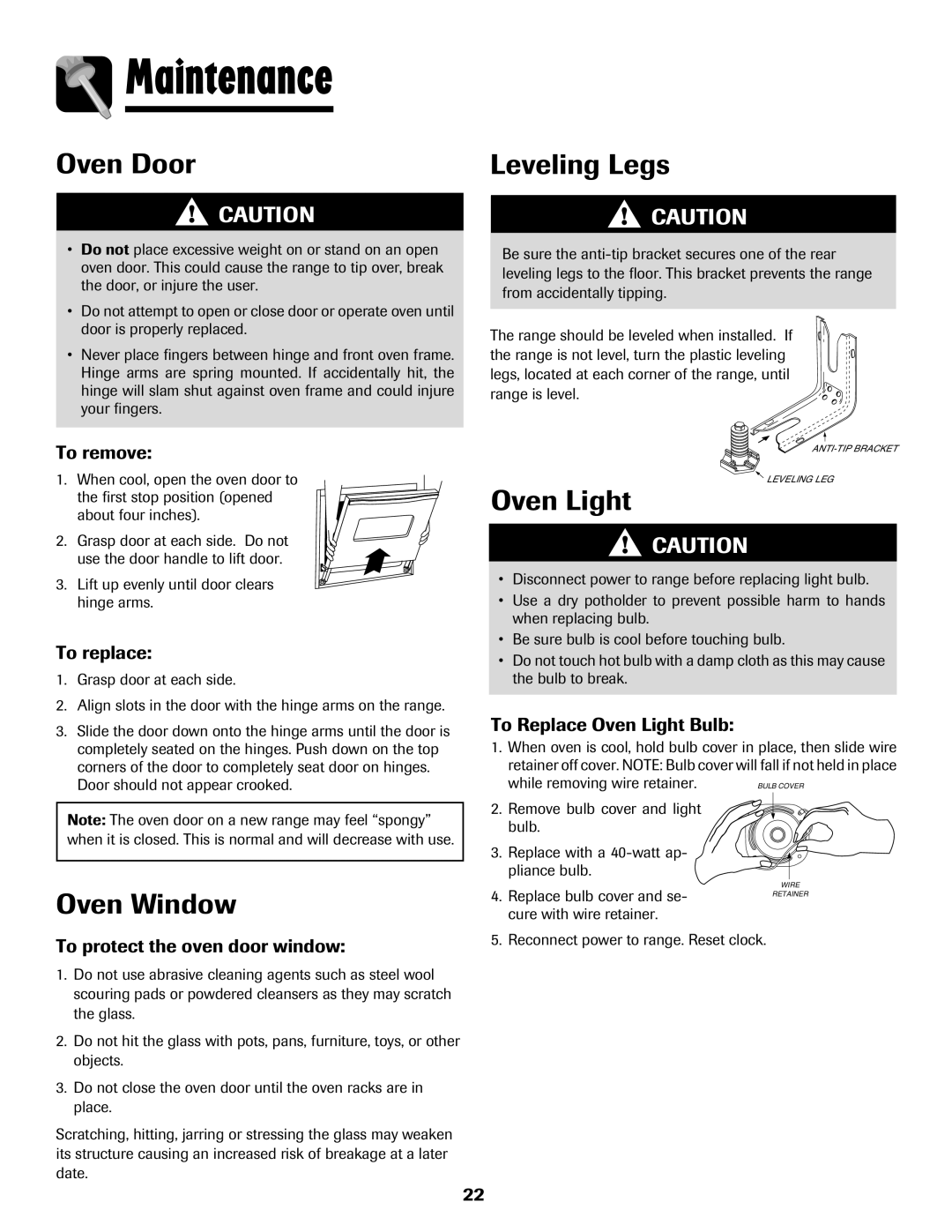 Maytag 8113P424-60 manual Maintenance, Oven Door, Oven Window, Leveling Legs, To protect the oven door window, Oven Light 